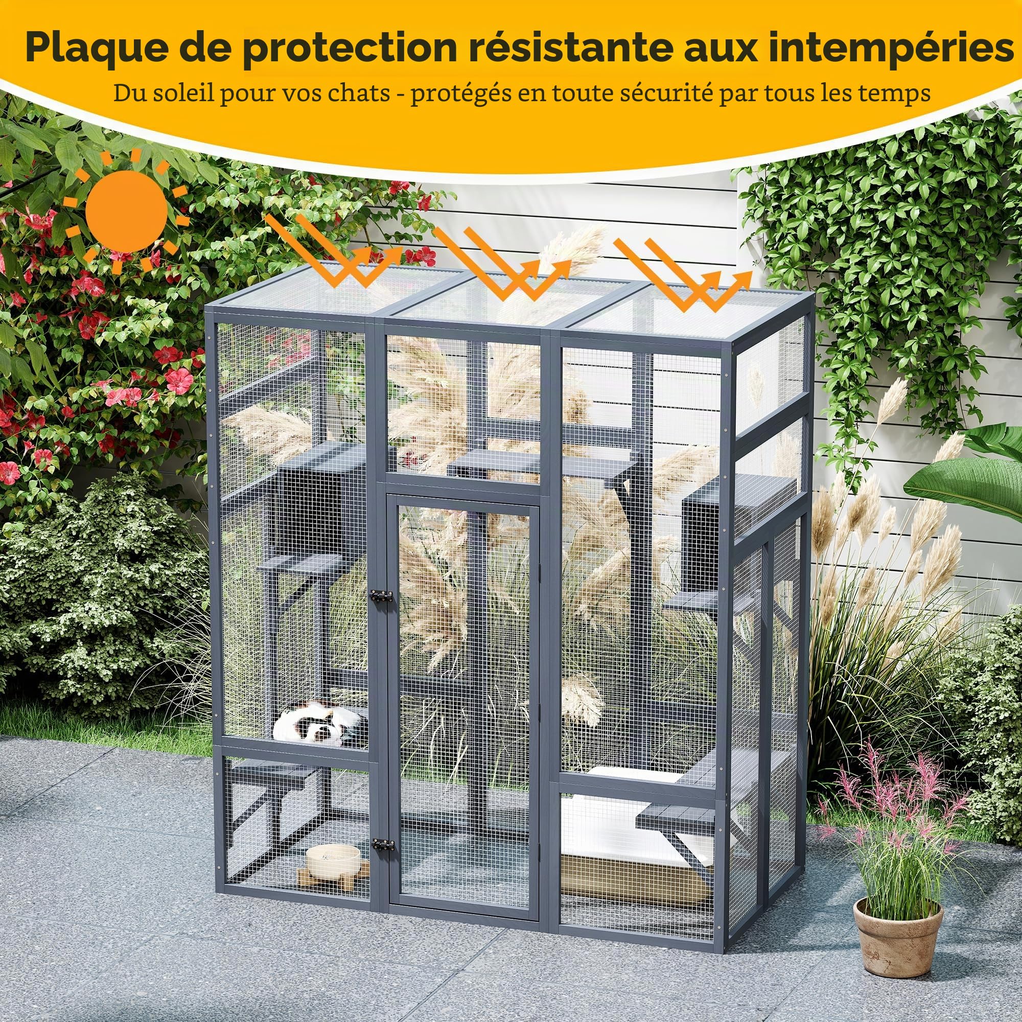 Catio Enclos pour chat d'extérieur - 159 x 82 x 178 cm - Motif chaton - Maison pour chat avec ponts, promenades, petites maisons, couverture de toit (gris foncé)