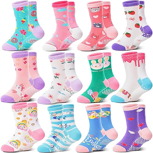 Baby Girls Toddlers Grips Socks 12 Pairs Kids Anti Slip Non Skid Animal Funny Cartoon Crew Breathable Cotton Socks