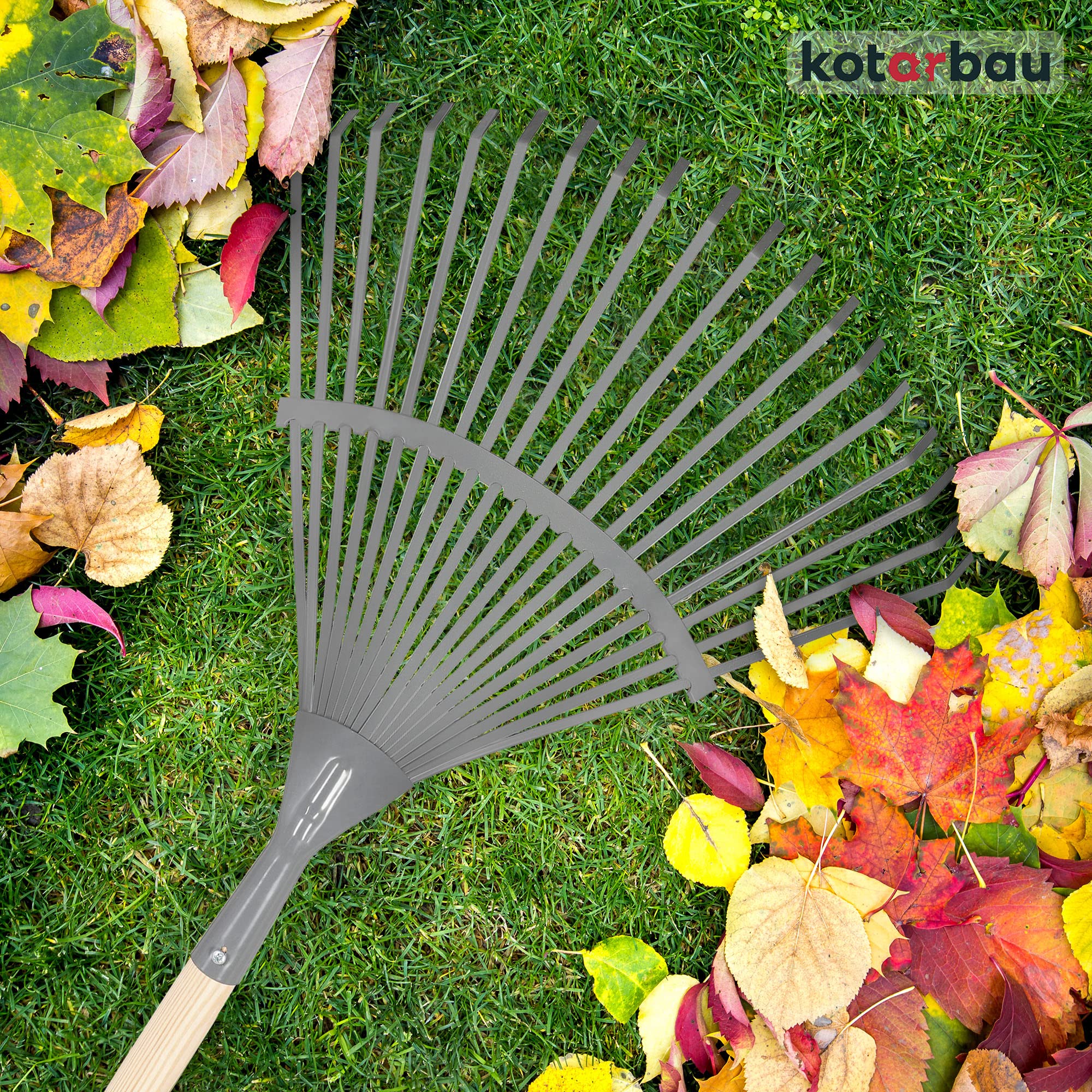 KOTARBAU® Rastrillo Jardín - Acero - 41 cm - Rastrillo Hojas Jardín - con Mango 187 cm - Herramienta Robusta para Jardinería - Gris y Madera Natural