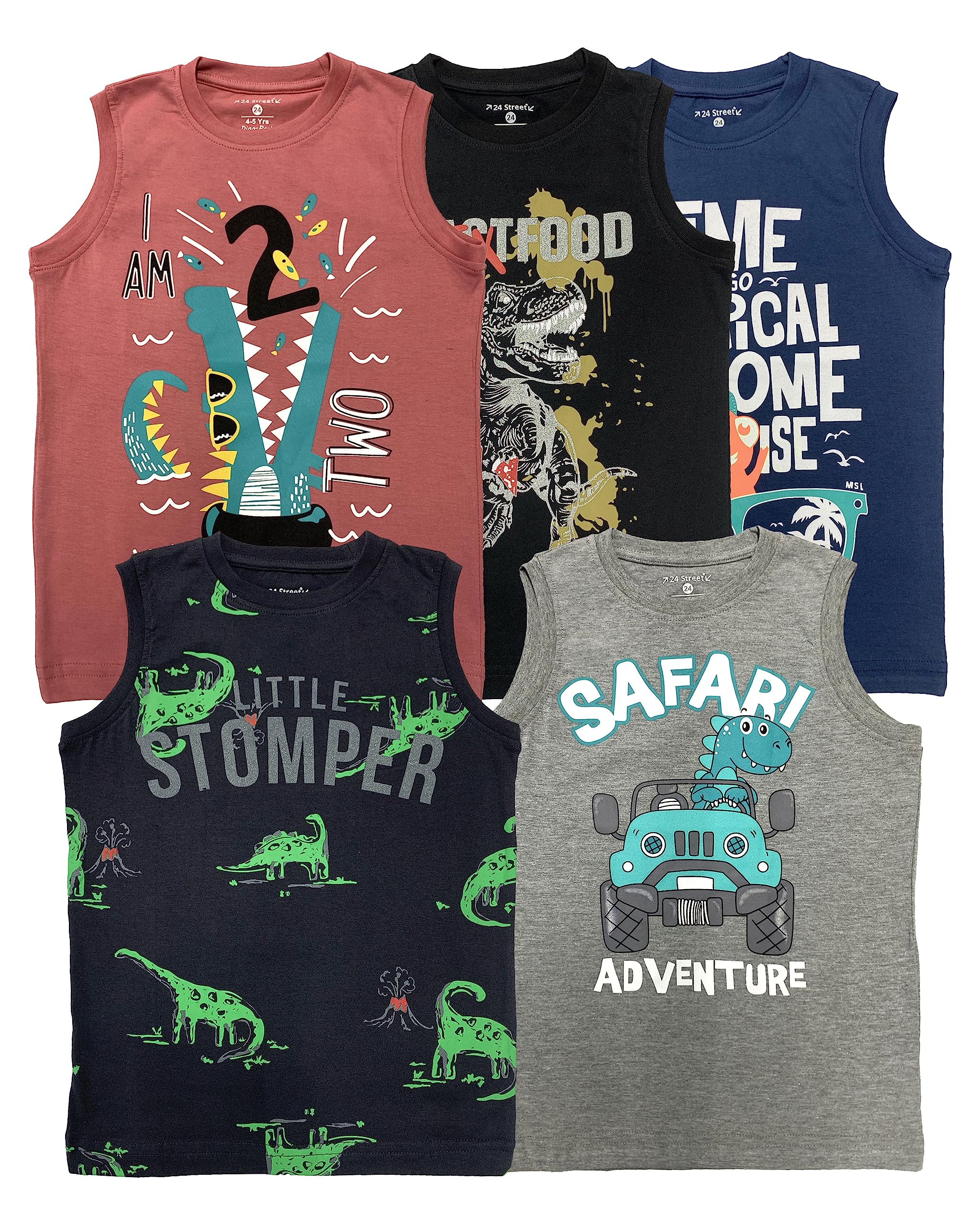 24 Street Combo of 5 Sleeveless T-Shirts for Boys - Bright Colors Prints - 100% Cotton - Perfect for Summer Wear