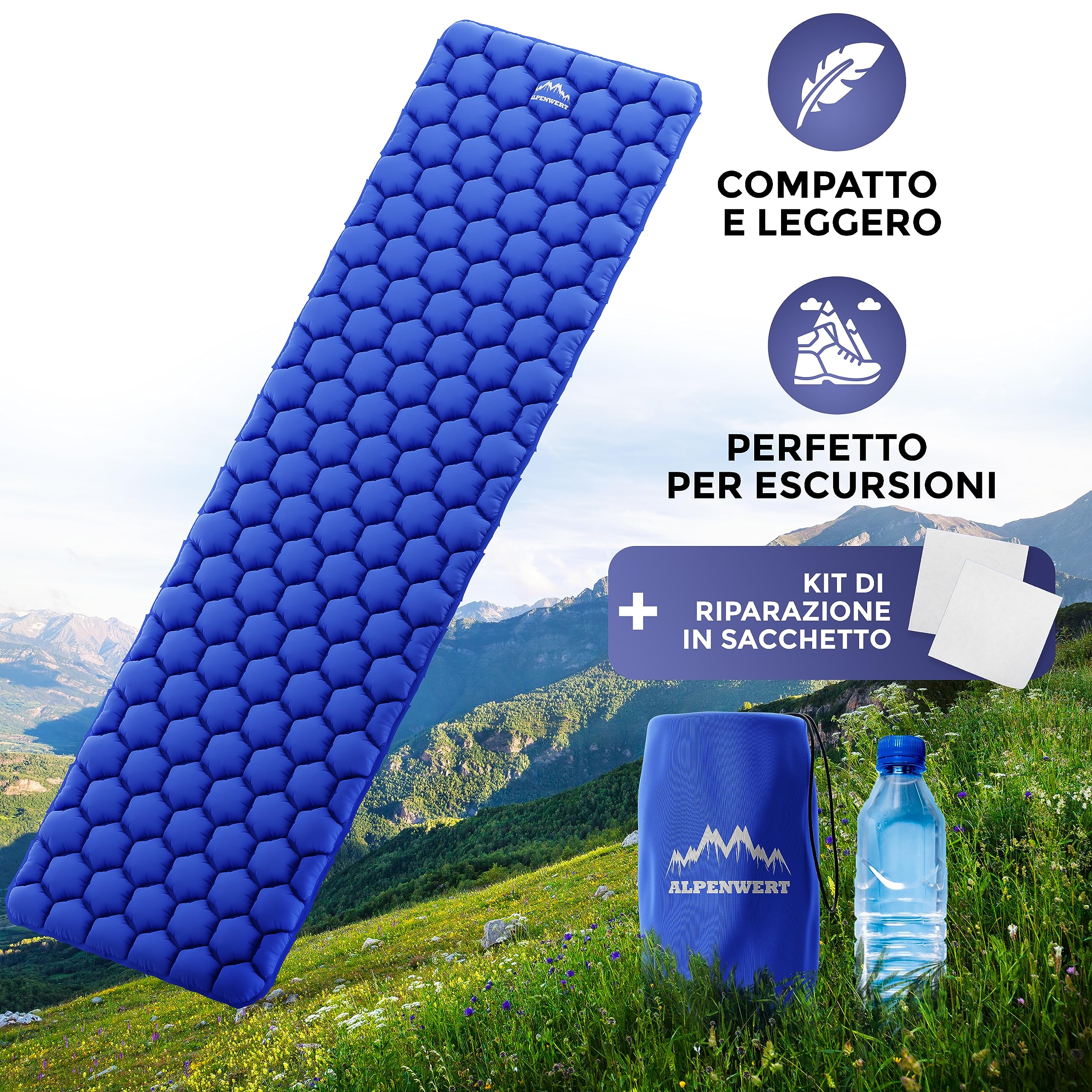 Alpenwert® Materassino isolante per esterni [piccolo ingombro & ultraleggero] materasso ad aria perfetto per campeggio, escursionismo, zaino in spalla UVM. - Tappetino gonfiabile