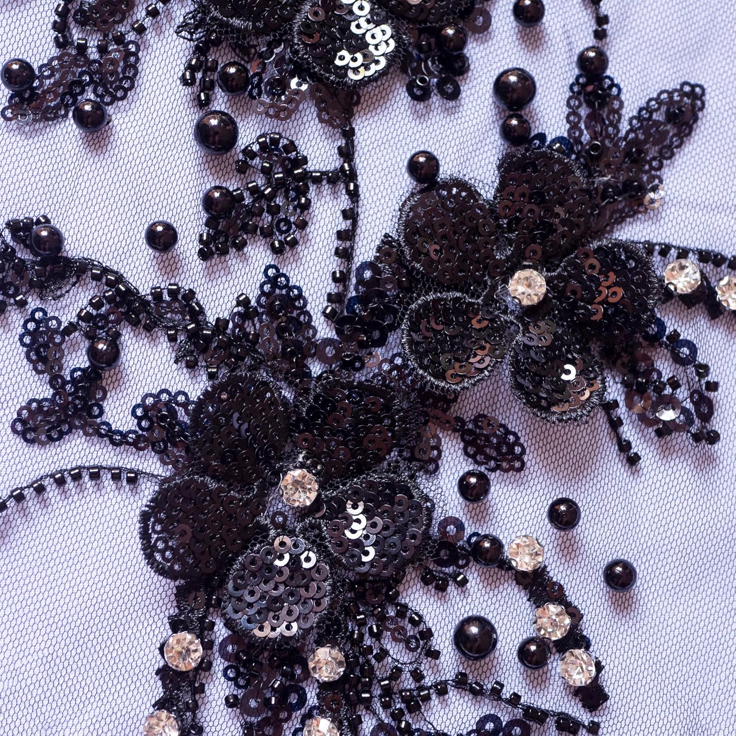 2 Pcs Beaded Applique, 3D Sequin Flower Embroidered Lace Appliques Handmade Rhinestone Patch for Clothes Accessories(Black)