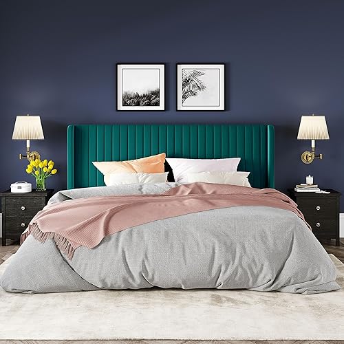 Miniatura 41 de Allewie Marco de cama de terciopelo de tamaño matrimonial, cabecera capitoné vertical con respaldo de ala, plataforma tapizada, listones de madera