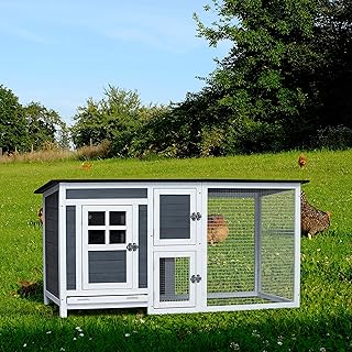 Rabbit Hutch, 62.99''L Wooden Indoor Outdoor Rabbit Hutch, Chicken Coop Fun Outdoor Run, Rabbit Cages W/Ventilation Door, Removable Tray and Anti-Slip Ramp, Backyard Garden Animals Pet Cage