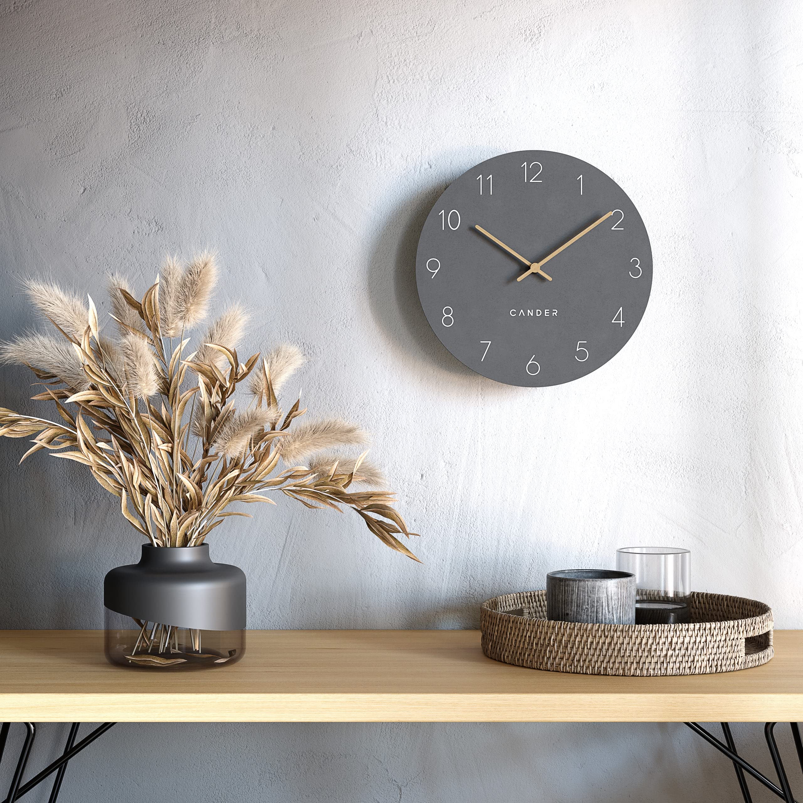 Cander Berlin MNU 2630 A Wanduhr lautlos ohne Ticken 30 cm analog Wohnzimmer Küche modern Vintage grau Holzzeiger