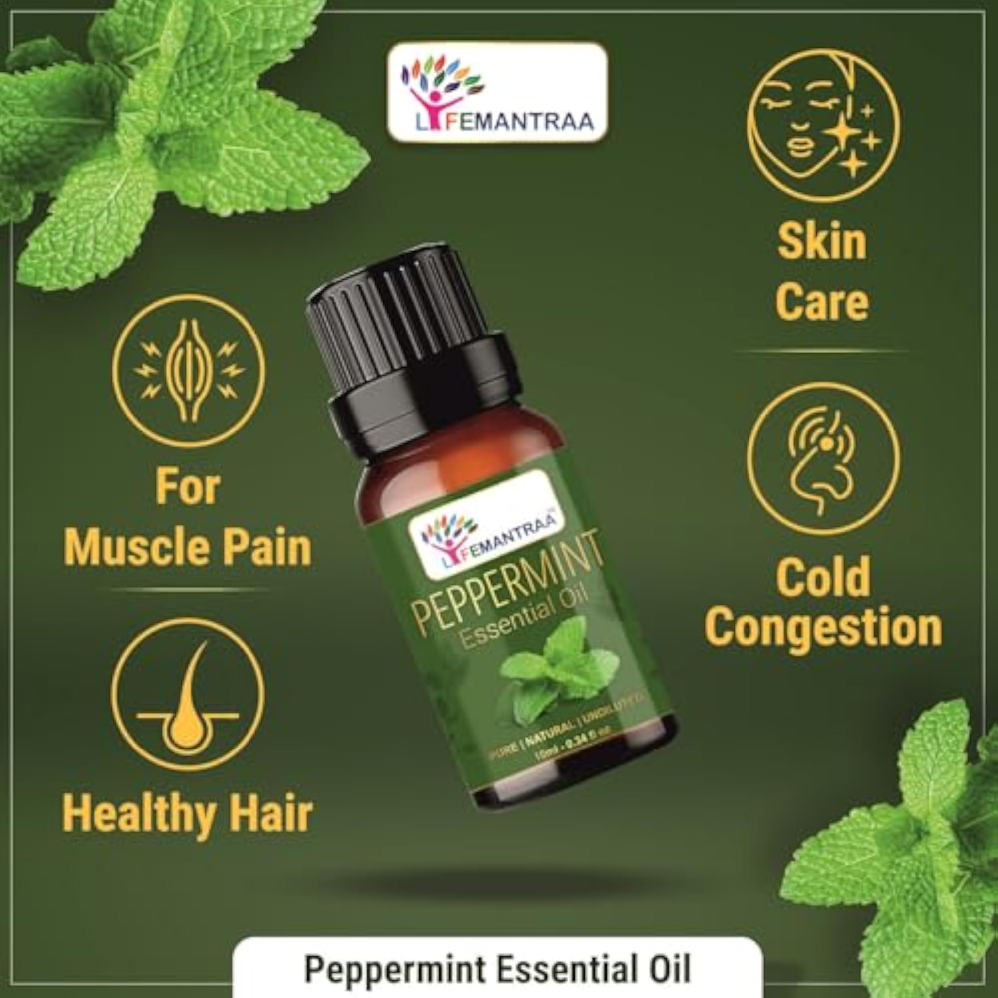 Pure Peppermint, Lavender & Lemongrass Essential Oils Set, 10ml