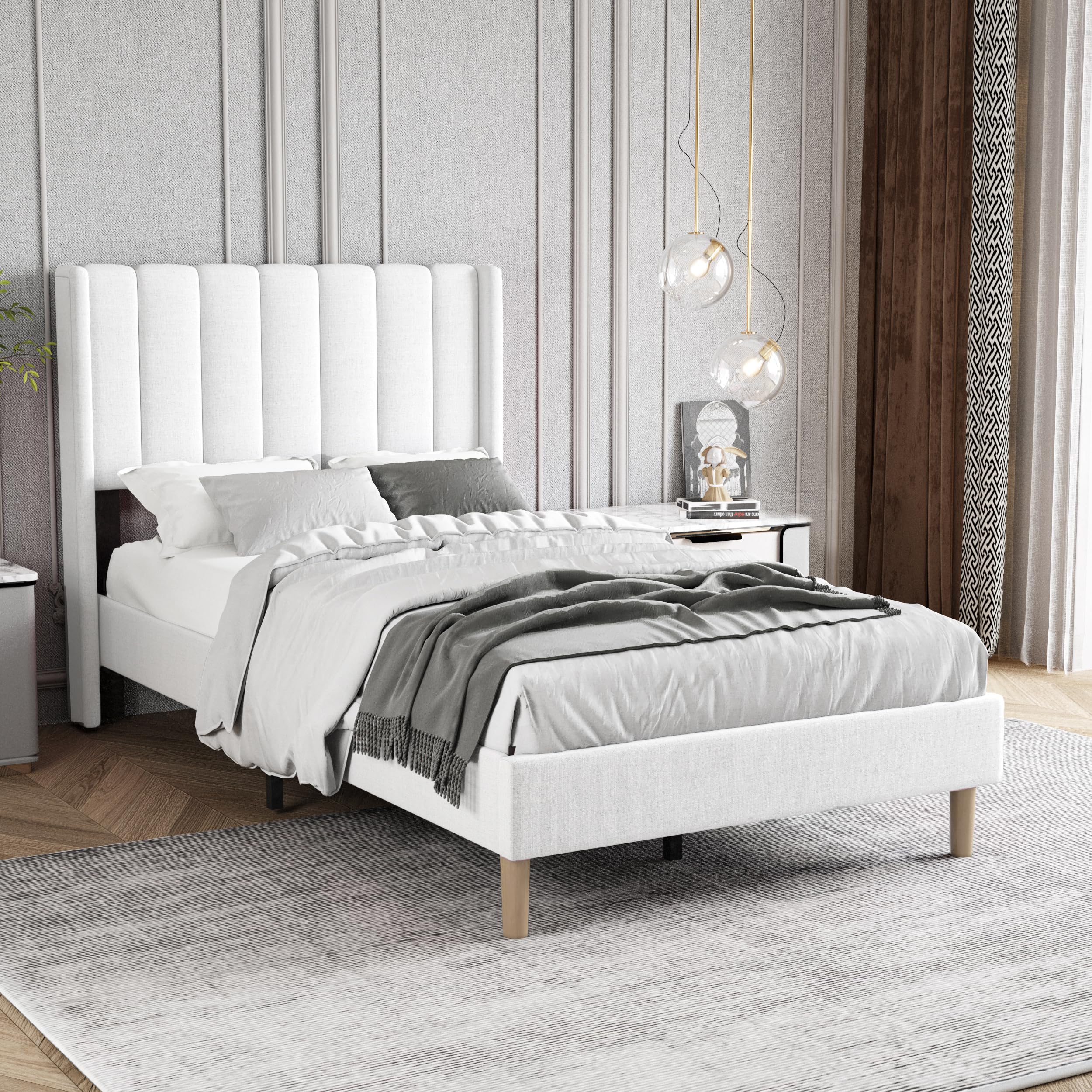 Zoophyter Upholstered Platform Bed Frame Twin Size with Headboard,Strong Wooden Slats Support No Box Spring Needed Easy Assembly White Linen