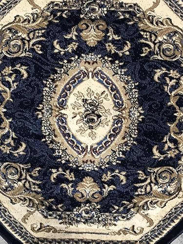 Miniatura 8 de Alfombra tradicional octagonal floral Aubusson persa, 330.000 puntos, diseño azul oscuro #602 (4 pies x 4 pies)