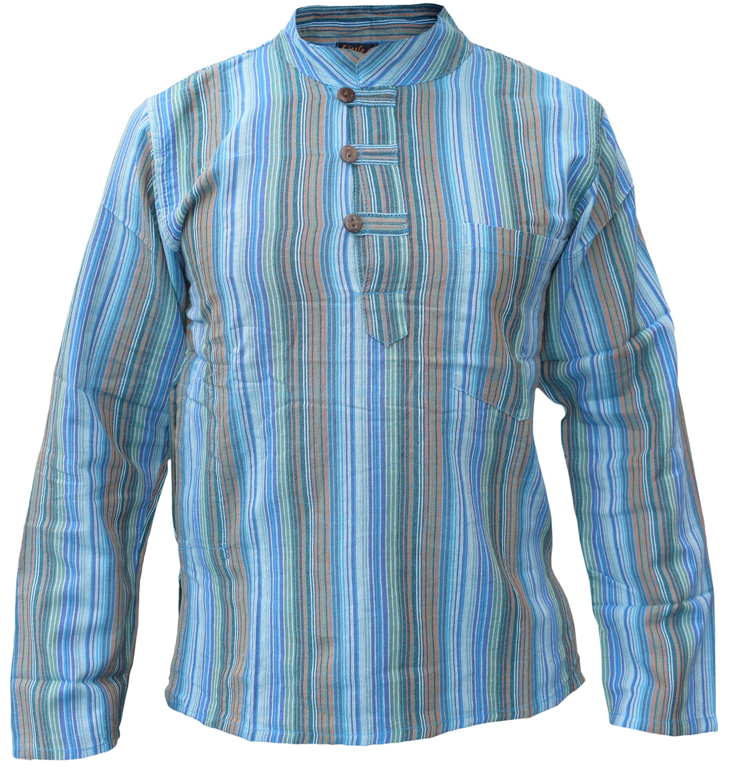 Gheri Men's Turquoise Striped Cotton Light Grandad Shirt Kurtas X-Large