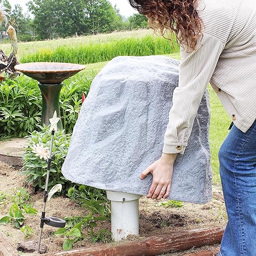 Miniatura 8 de Sunnydaze Polyresin - Cubierta de roca de paisaje con estacas, cubierta séptica, piedra artificial, cubierta de pozo ligera, incluye 3 estacas de