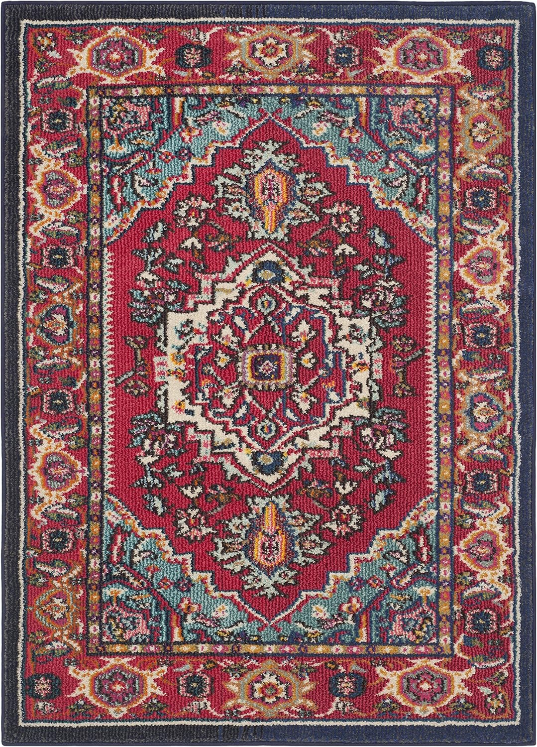 SAFAVIEH Monaco Collection Accent Rug - 3'4" x 4'7", Red & Turquoise, Medallion Distressed Design, Non-Shedding & Easy Care, Ideal for High Traffic Areas in Foyer, Living Room, Bedroom (MNCB207C)