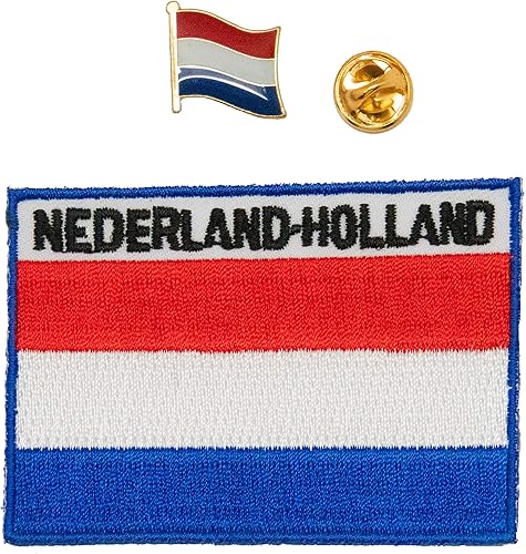 A-ONE - Parche de bandera de los Países Bajos+Pin de emblema de Holanda, parche bordado de hierro de los Países Bajos, Pin de solapa país NO.019A,