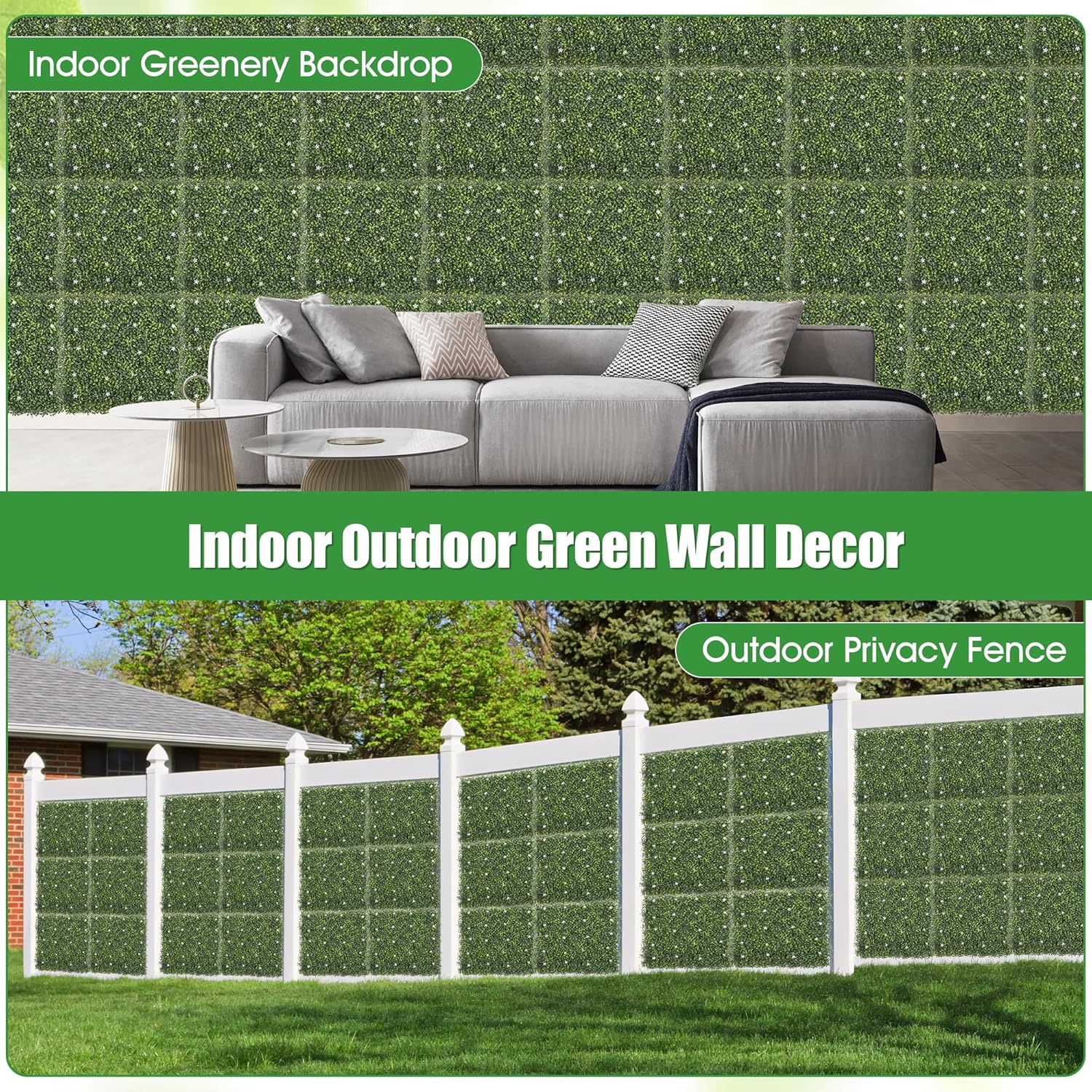 Artificial Boxwood Wall Panels with White Flowers, 20”x20” 6PCS Greenery Backdrop, UV-Anti Green Wall Décor for Party, Indoor Use, Outdoor Privacy