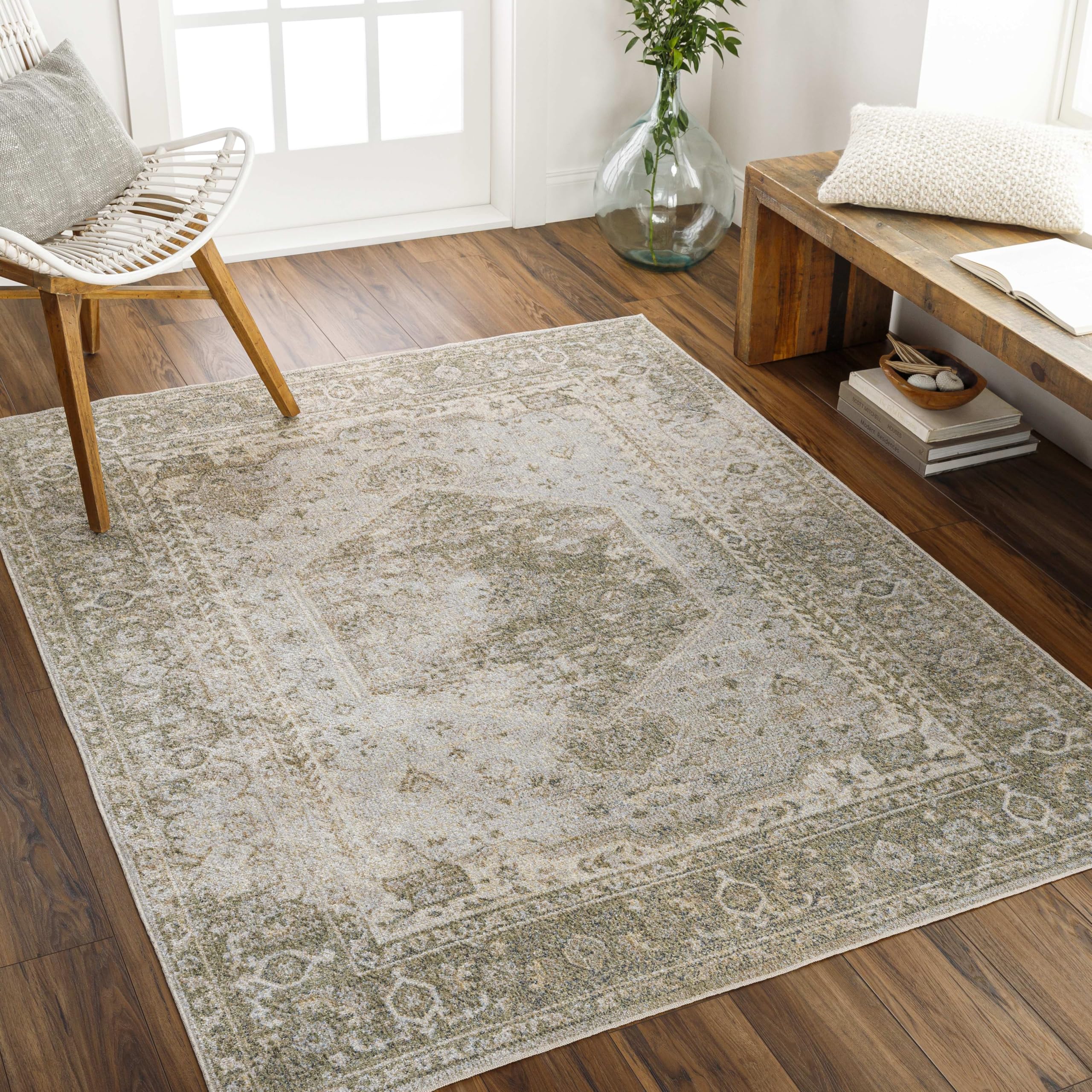Mark&Day Washable Rugs, 7x9 Edmond Traditional Camel Area Rug, Gray Olive Brown Carpet for Living Room, Bedroom or Kitchen (6'7" x 9',Machine Washable