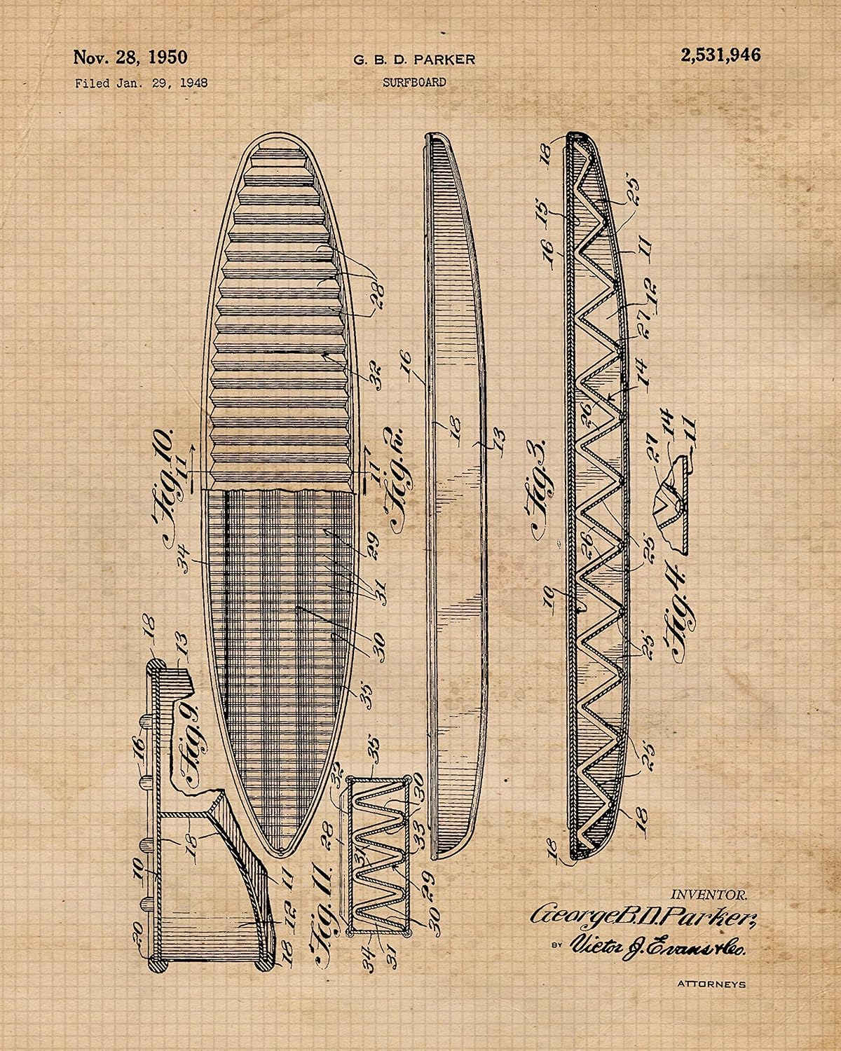 Classic Surfboard Patent Prints, 6 (8x10) Unframed Photos, Wall Art Decor for Home Work Office Surfing Hawaii Ocean Surf Waves Garage Shop Beach Cabin Lodge School Student Teacher Coach