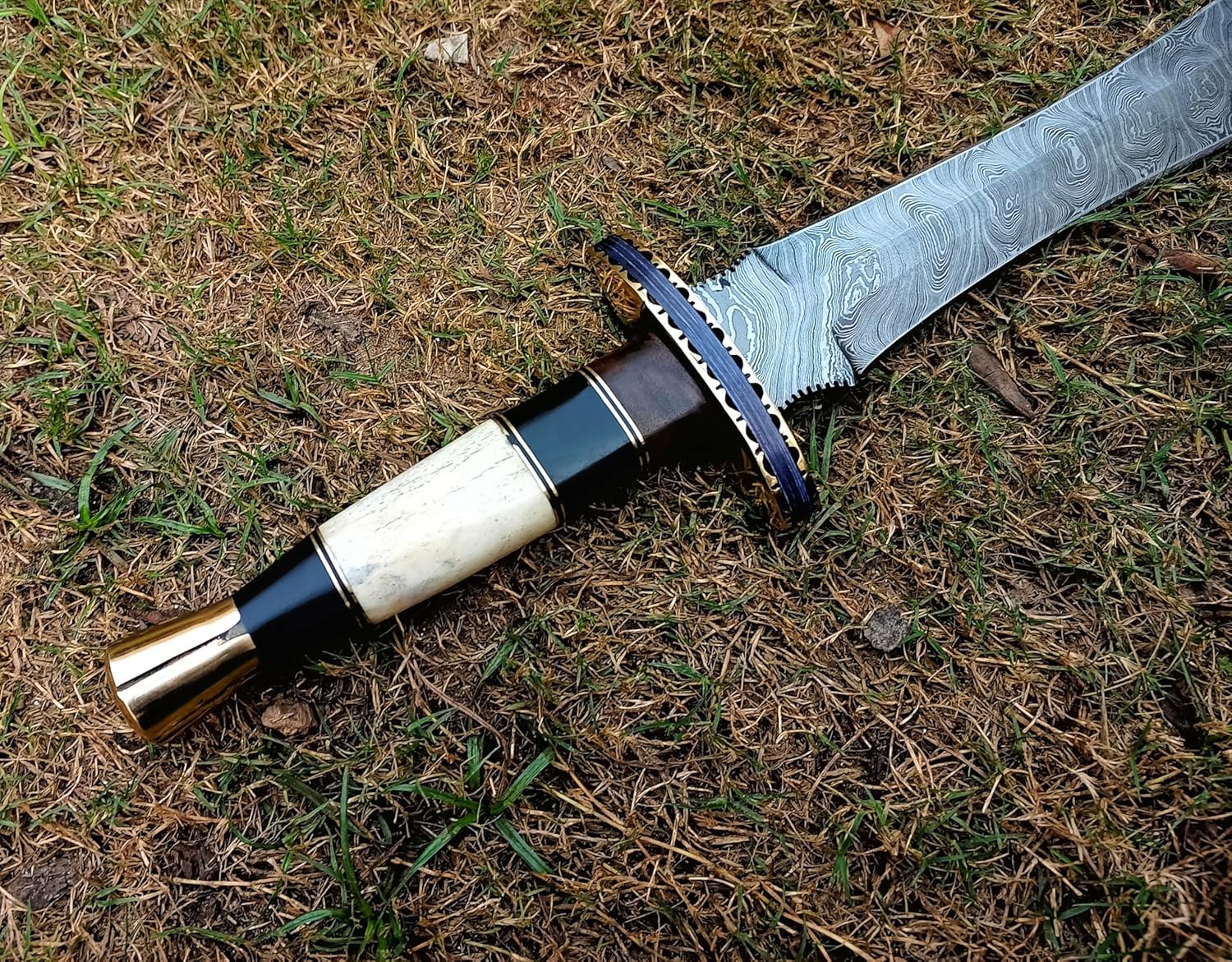 Empire - 25 Inch Long Damascus Steel Double Edge Viking Sword with Leather Sheath - Camel Bone Grip - Combat Sword by Empire Industry