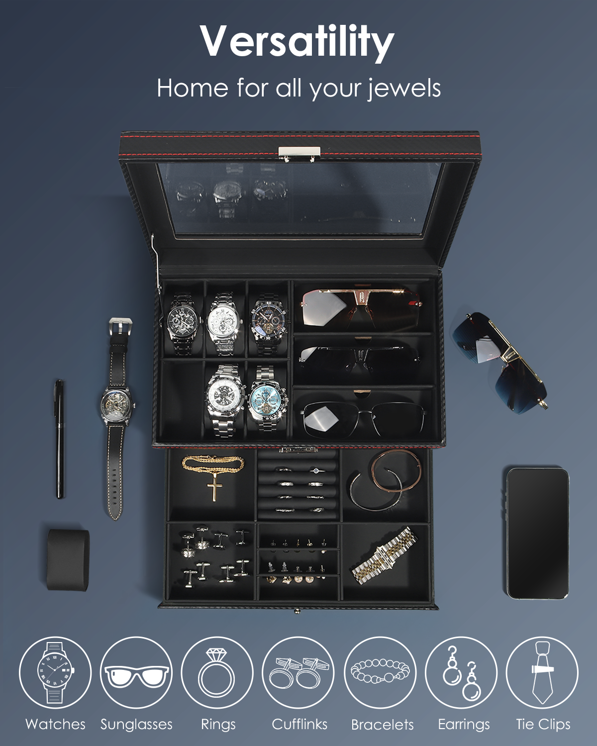 Amazon.com: Kukikan Mens Jewelry Box Organizer, 6 Watch Slots & 3
