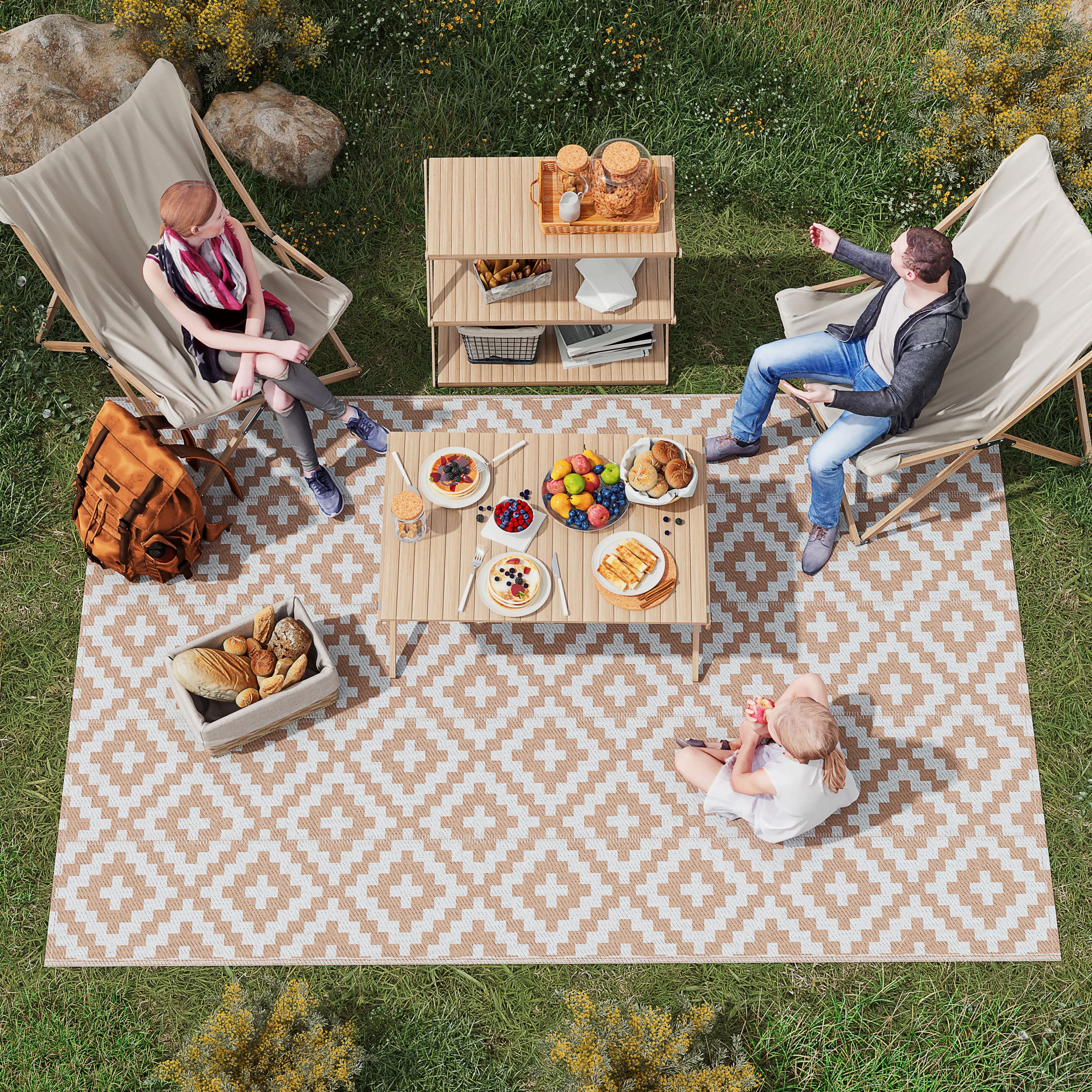 Outsunny Tapis extérieur Style Graphique - Tapis réversible 2 Motifs - dim. 2,74L x 1,82l m - PP Haute densité 310 g/m² Blanc Beige