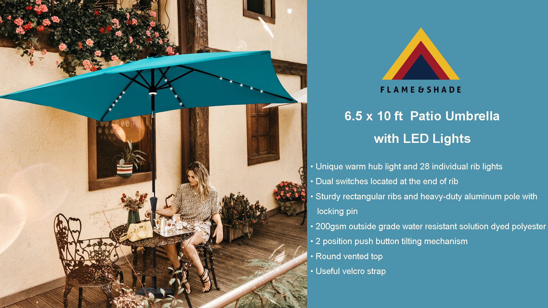 FLAME&SHADE 6.5 x 10 ft Rectangular Solar Powered Outdoor Market Patio Table Umbrella with LED Lights and Tilt, Sky Beige : Patio, Lawn & Garden