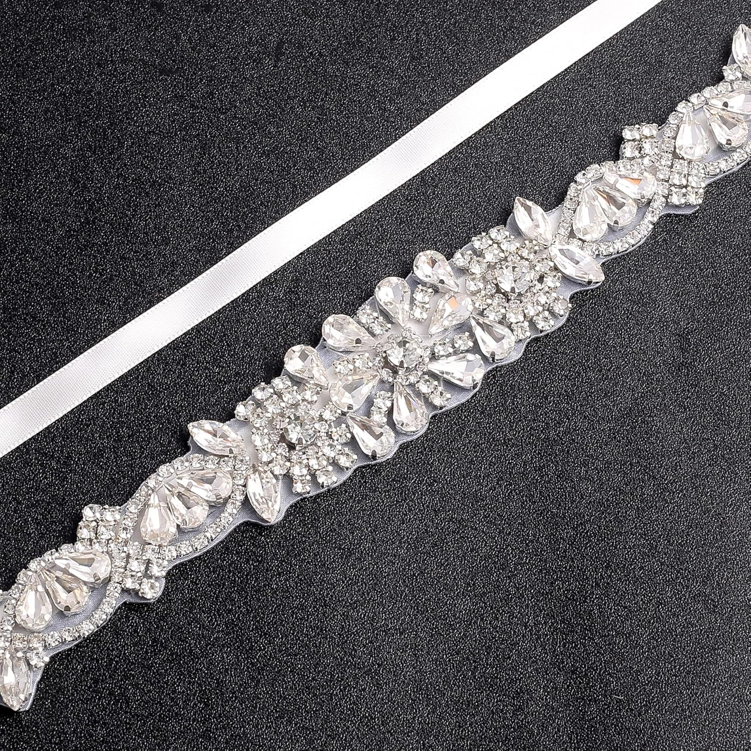 Rhinestone Bridal Belts Handmade Thin Crystal Pearl Wedding Dress Belt Shiny Bridesmaid satin ribbon belt for dresses (Sliver,Off white)