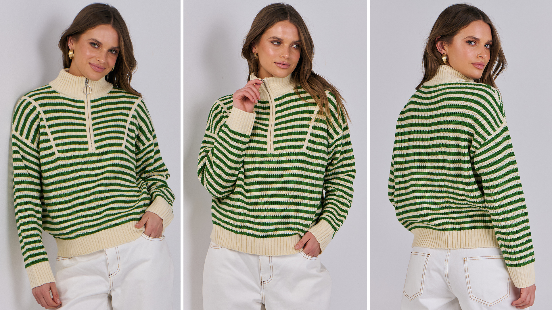 ANRABESS Sweaters for Women Striped Half Zip Long Sleeve Ribbed