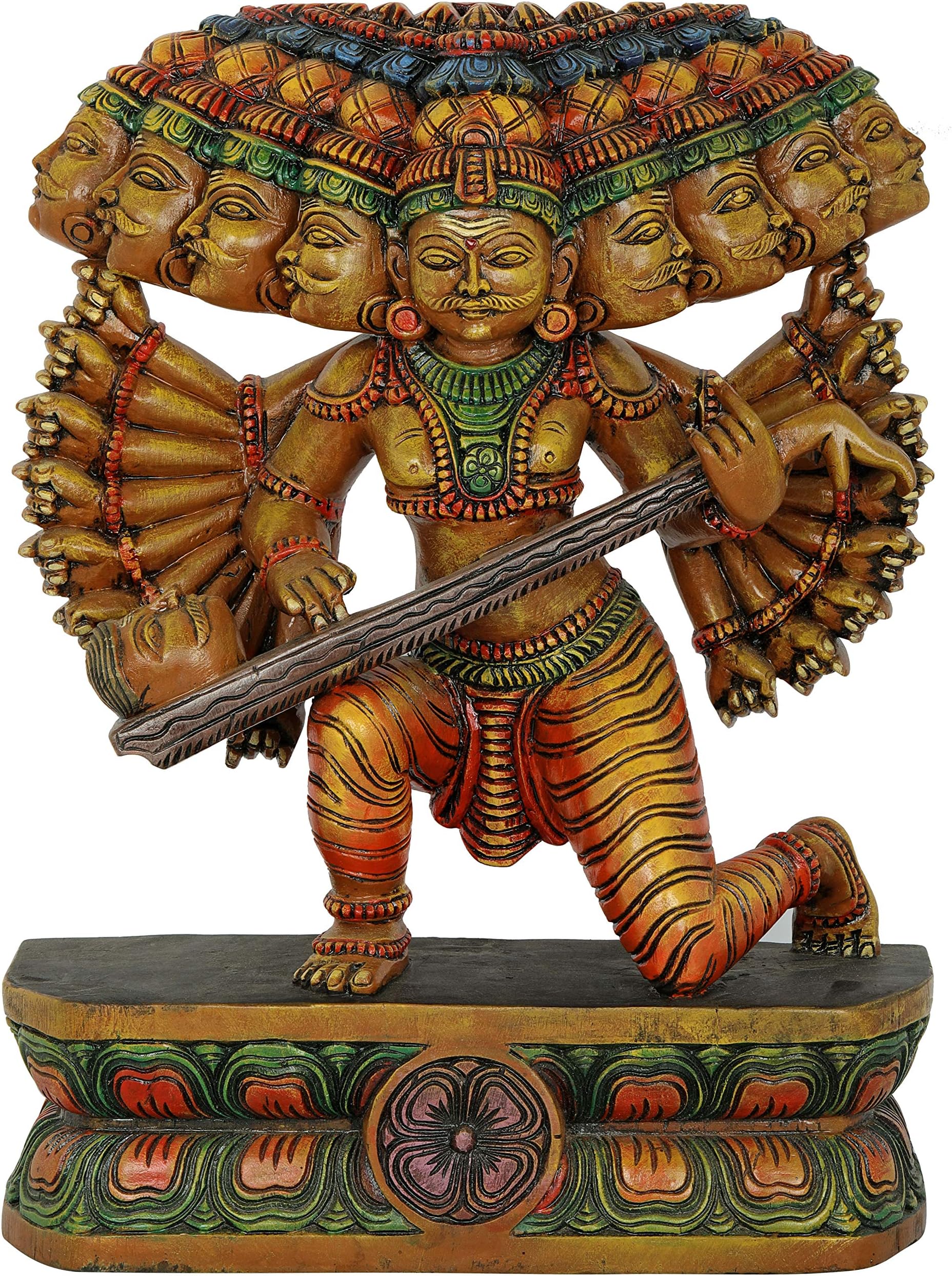 Exotic IndiaRavana Offering Tenth Head As a Veena To Bhagawan Shiva - Wood Statue