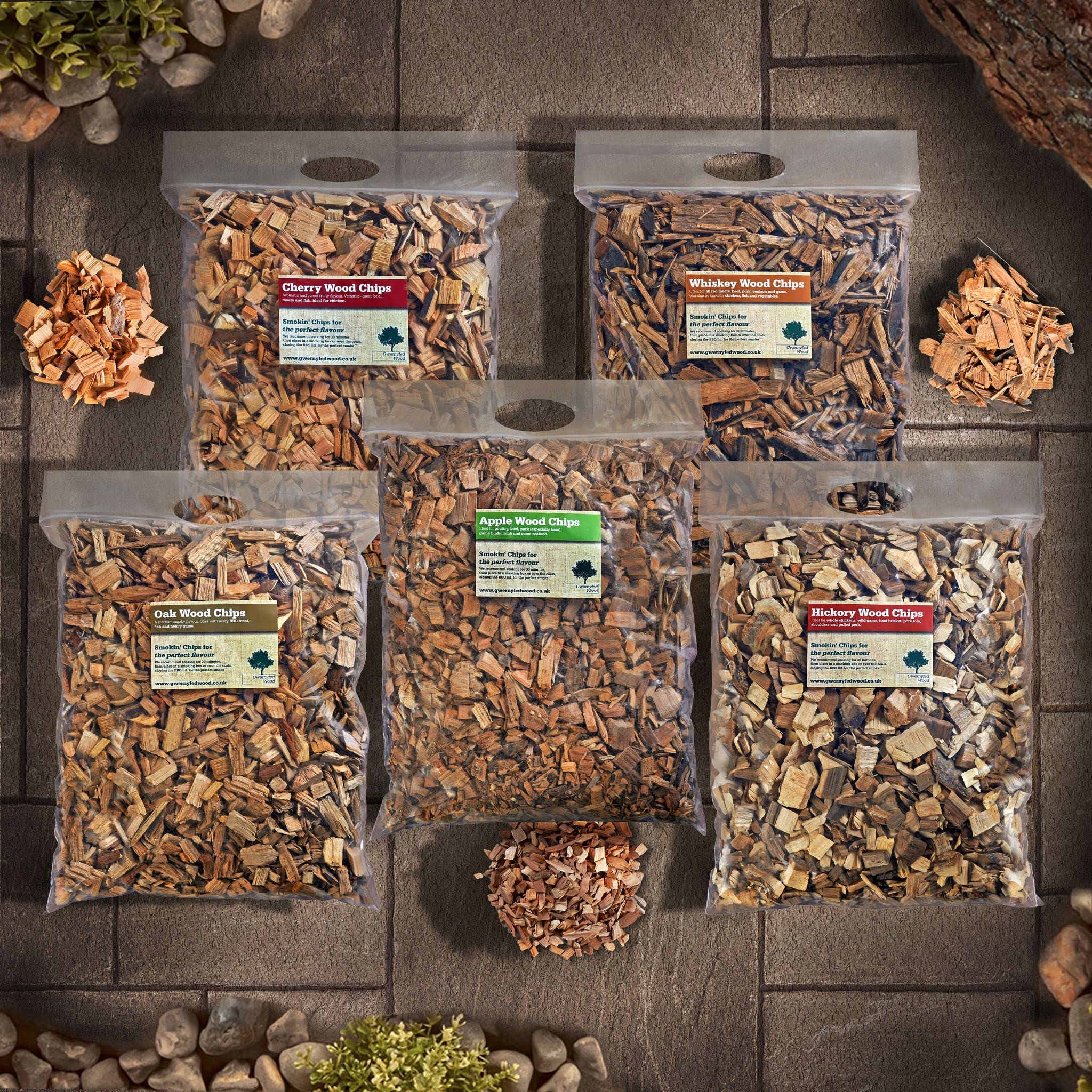 Gwernyfed Wood Green Selection Pack Smoking/Smoker Wood Chips Jumbo 15 Litre Bags – (Five Pack 15L (Apple,Cherry,Alder, Oak, Whiskey))
