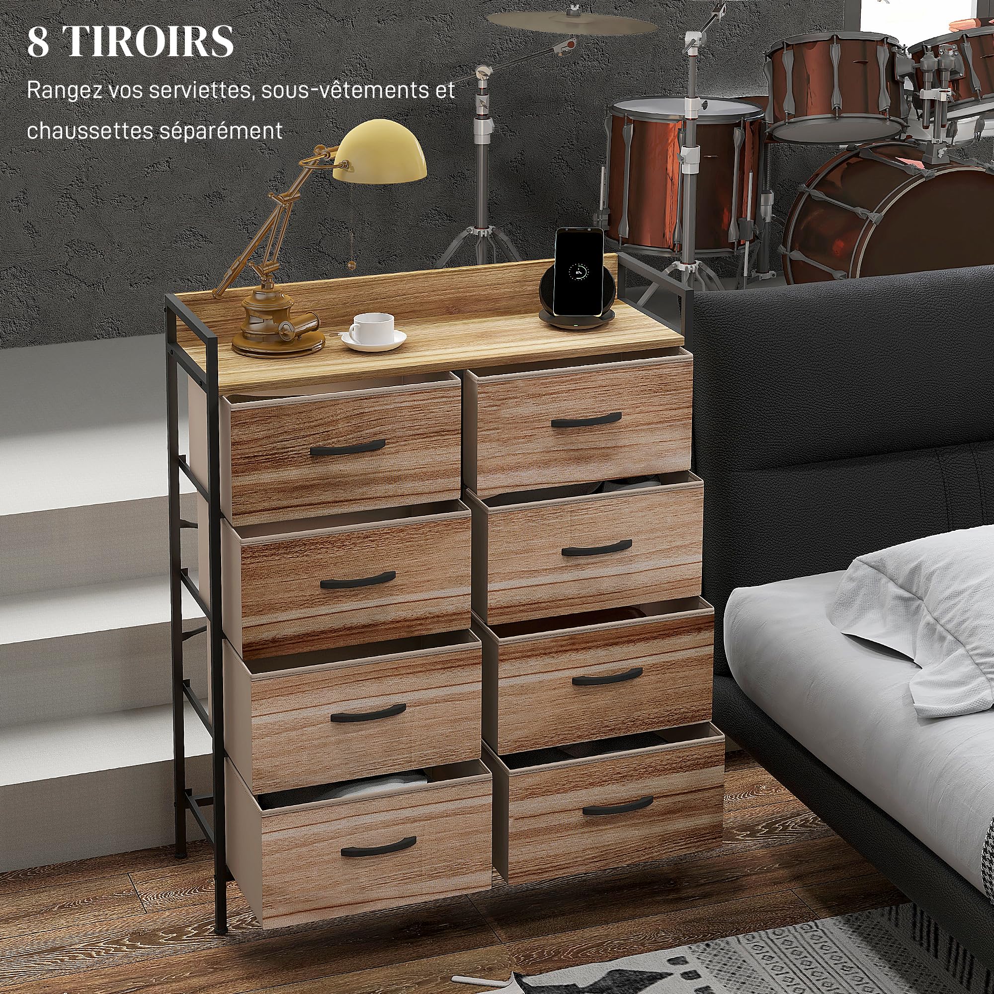 HOMCOM Meuble de Rangement Commode chiffonnier 8 tiroirs en Tissu Amovibles, étagère supérieure et Cadre Acier Style Industriel, 79L x 29l x 101H cm chêne et Noir