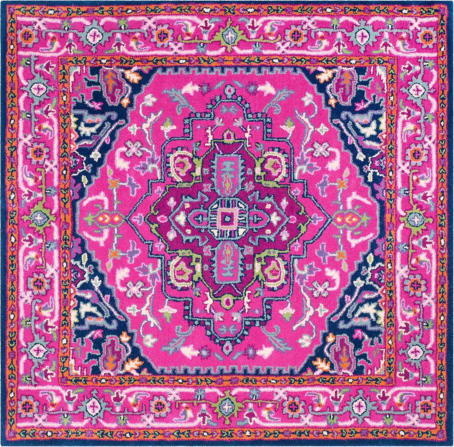 SAFAVIEH Bellagio Collection Area Rug - 5' Square, Pink & Navy, Handmade Medallion Wool, Ideal for High Traffic Areas in Living Room, Bedroom (BLG541C)