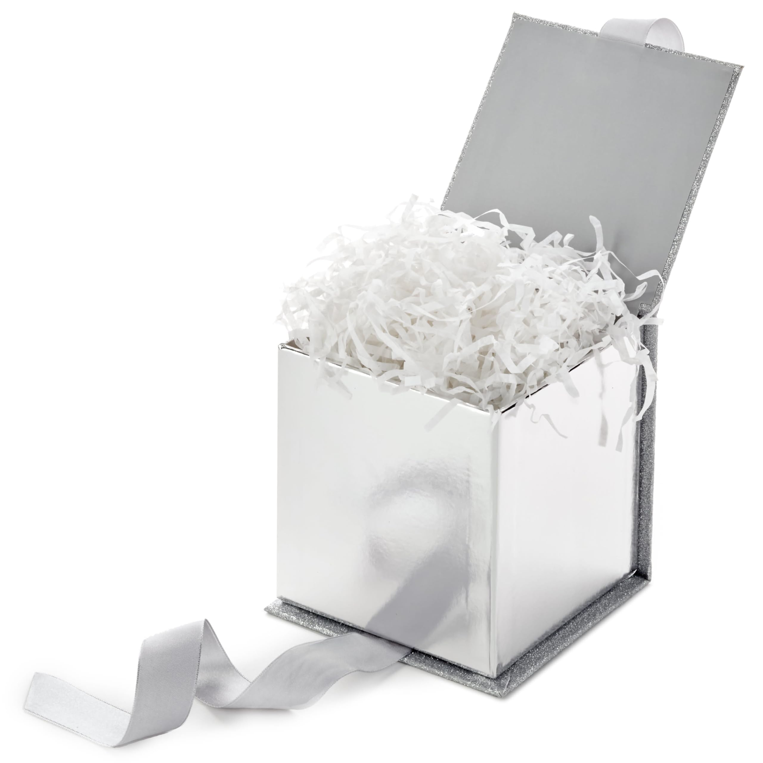 Hallmark Small Gift Box with Bow and Shredded Paper Fill (Silver Signature 4 inch Gift Box with Glitter) for Weddings, Graduations, Bridal Showers, Anniversaries, All Occasion