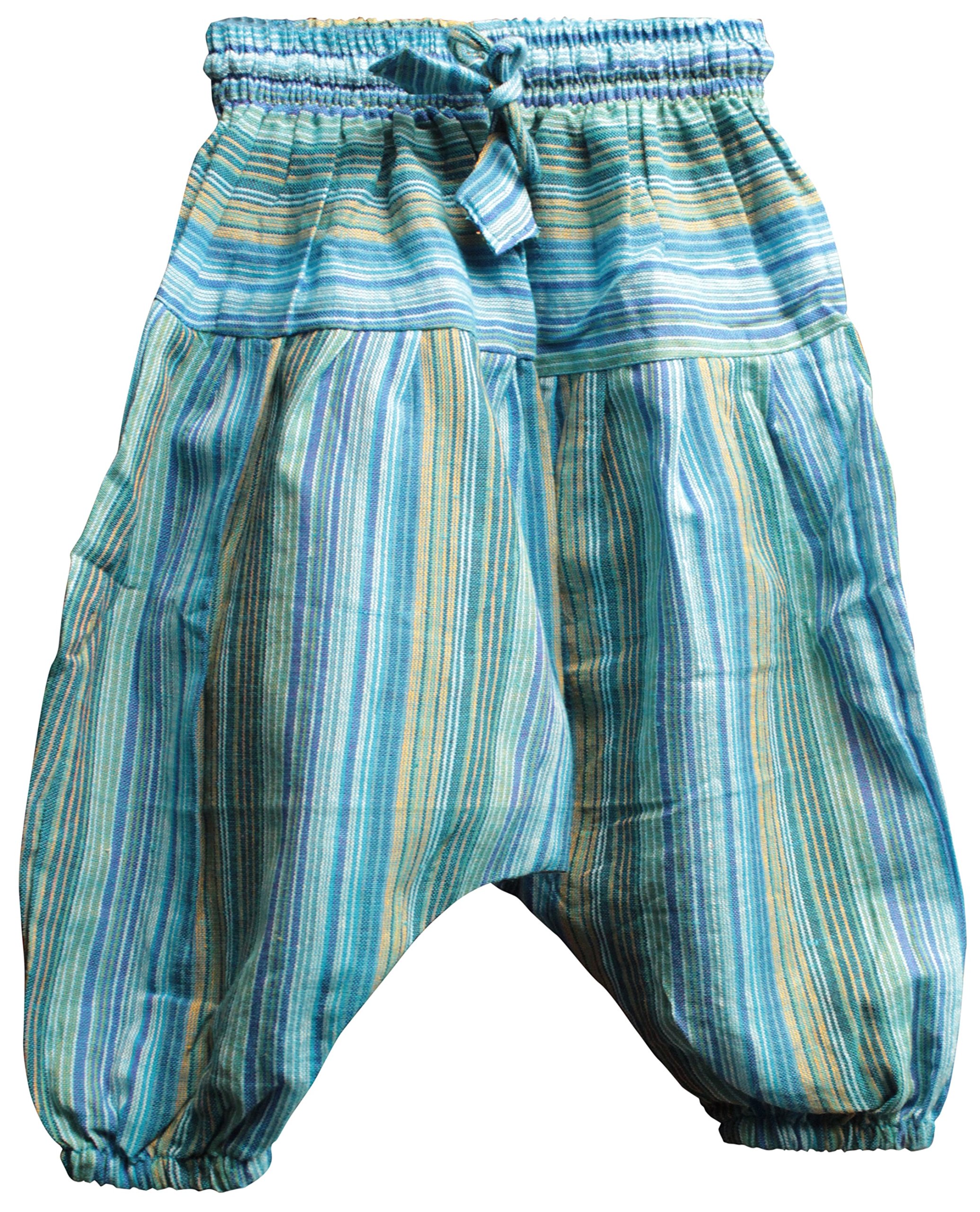 SHOPOHOLIC FASHION Children's Boho Cotton Loose Harem Pants High Rise Drawstring Hippie Striped Drop Crotch Comfy Pants (L,Turquoise)