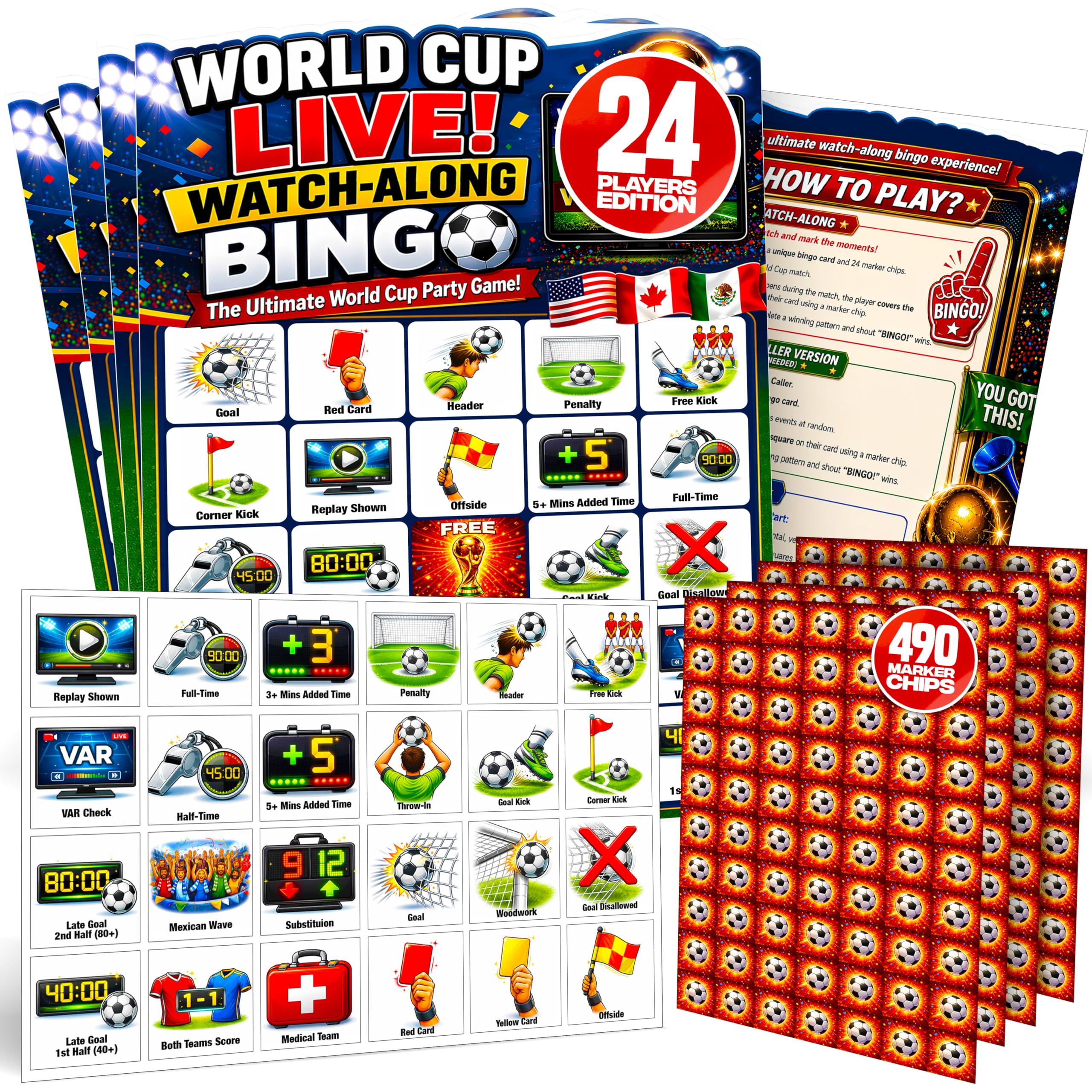 Jester Fiesta World Cup LIVE Watch-Along Bingo Game for 24 Players – Football Party Game, Live Match Bingo Cards Watch Party Supplies, Caller Chips & 470 Marker Chips