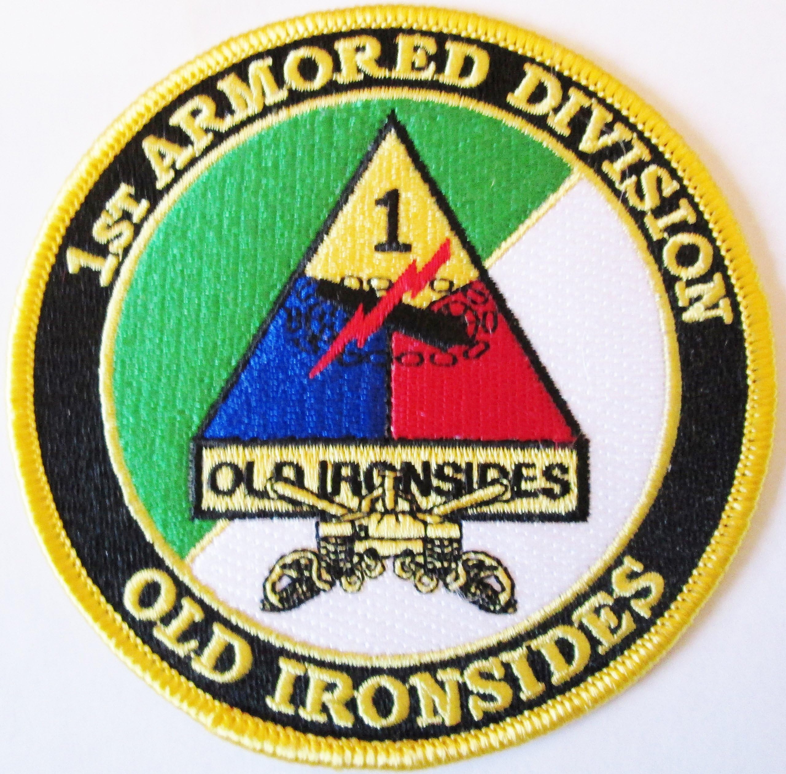 1ST ARMORED DIVISION"OLD IRONSIDE"* 4 INCH ROUND PATCH. 2 PATCHES PER ORDER.(Can be sewn or ironed on jacket or hat) 2 PER ORDER