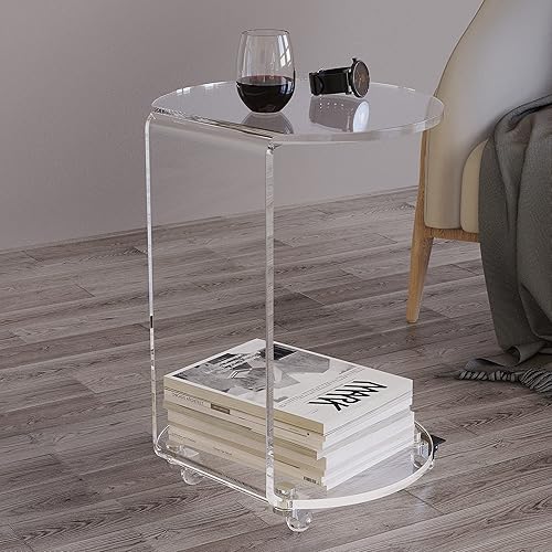 Miniatura 3 de ONELUX Mesa de sofá lateral redonda de acrílico en forma de C con ruedas, mesa de decoración rodante transparente para sala de estar o dormitorio