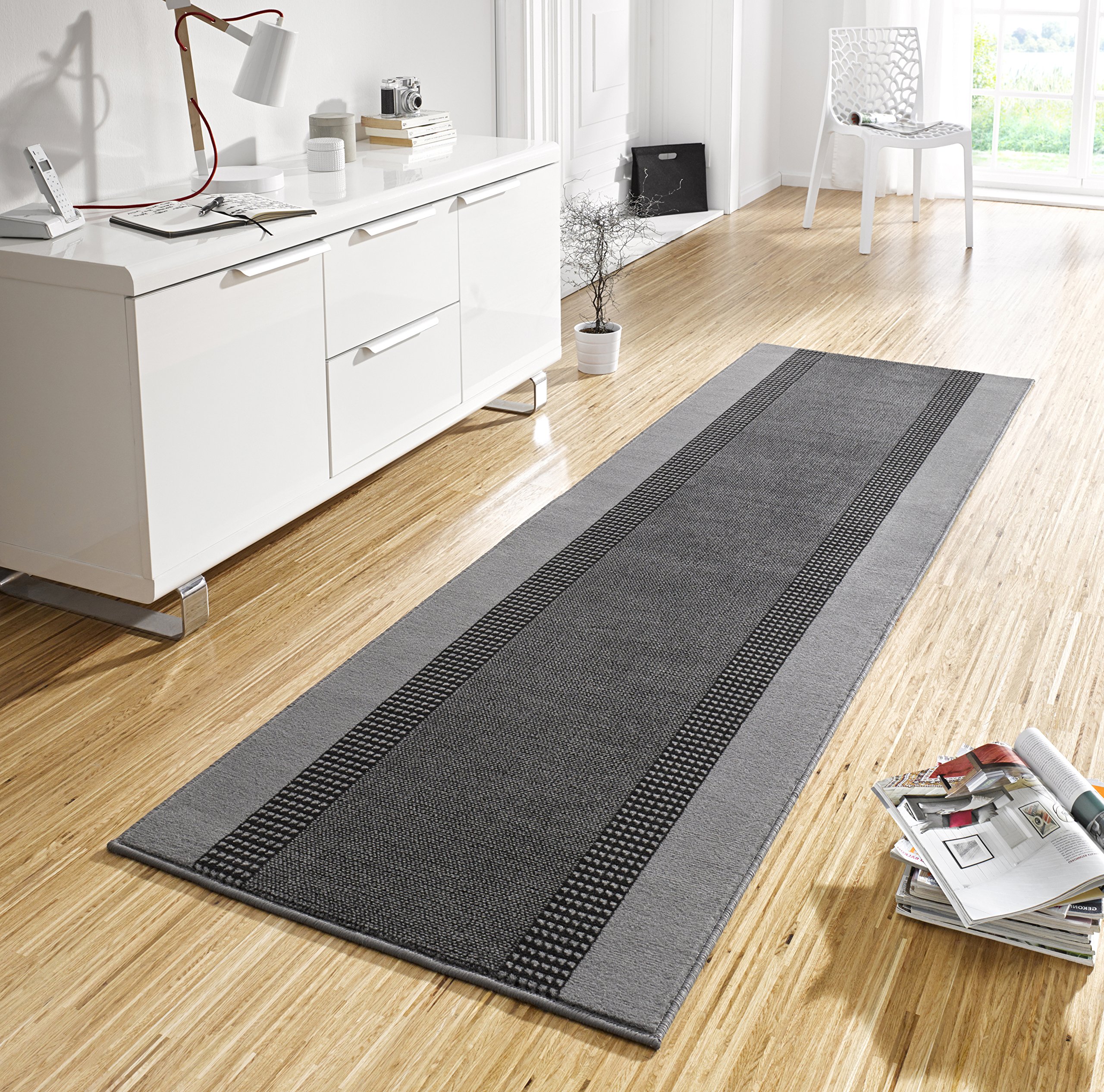 The Rugs Unisex Grey Designer Velours Band Rug And Runner Polypropylene Low Pile Rug In 80Cm X 350Cm