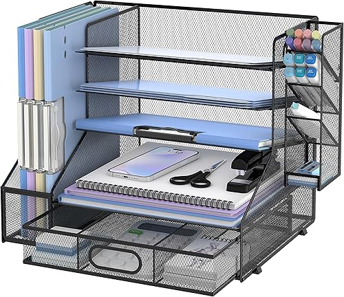 SUPEASY Organizador de escritorio con soporte para archivos, organizador de bandeja de papel de malla de 5 niveles con soporte para bolígrafo y