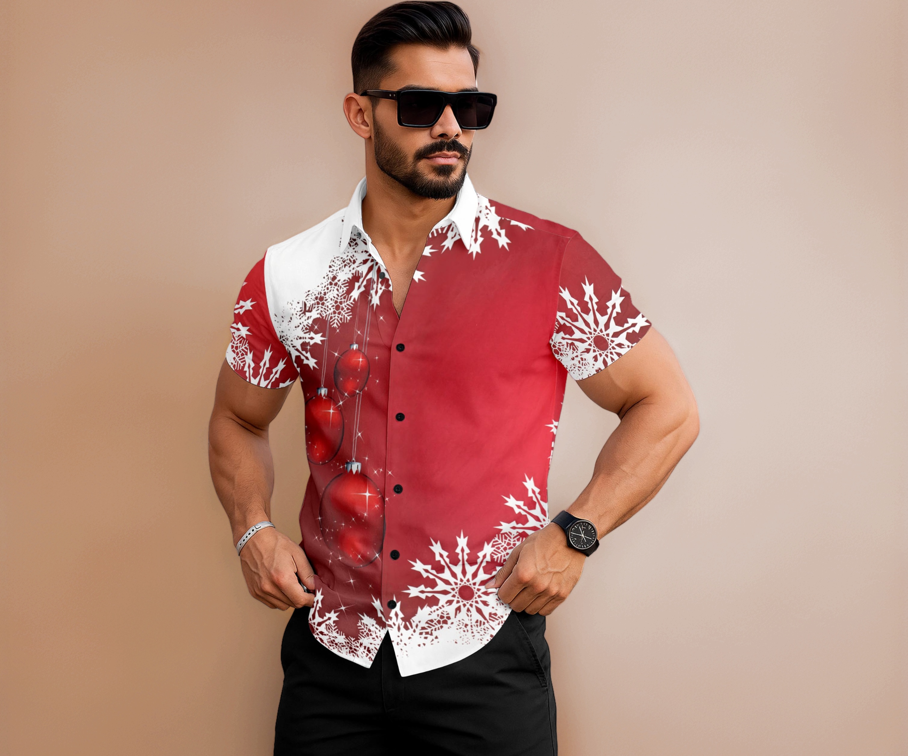 Men's Christmas Shirt, Red and White, Short Sleeve, Button Down