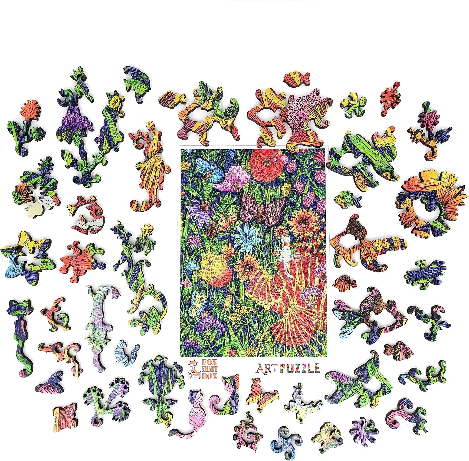 Wooden Puzzle for Adults - Uniquely Shaped Pieces - Made in The USA by FoxSmartBox - 355 Pieces - Journey to The Flowerland