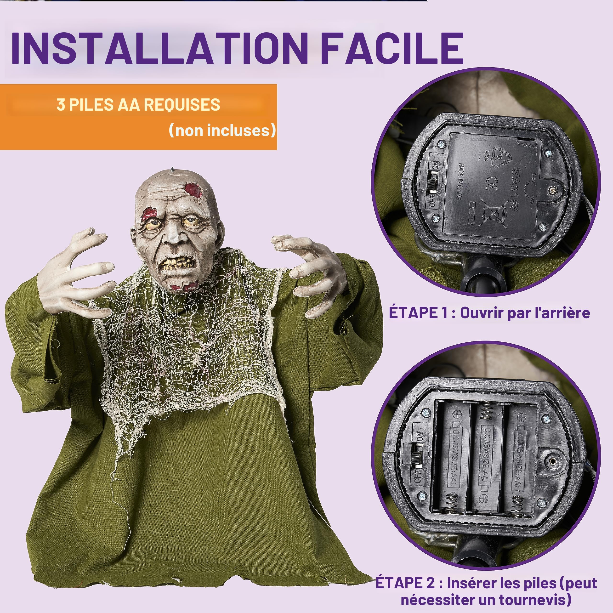 Zombie Papy Animé Halloween | Décoration Lumineuse Et Sonore 95cm