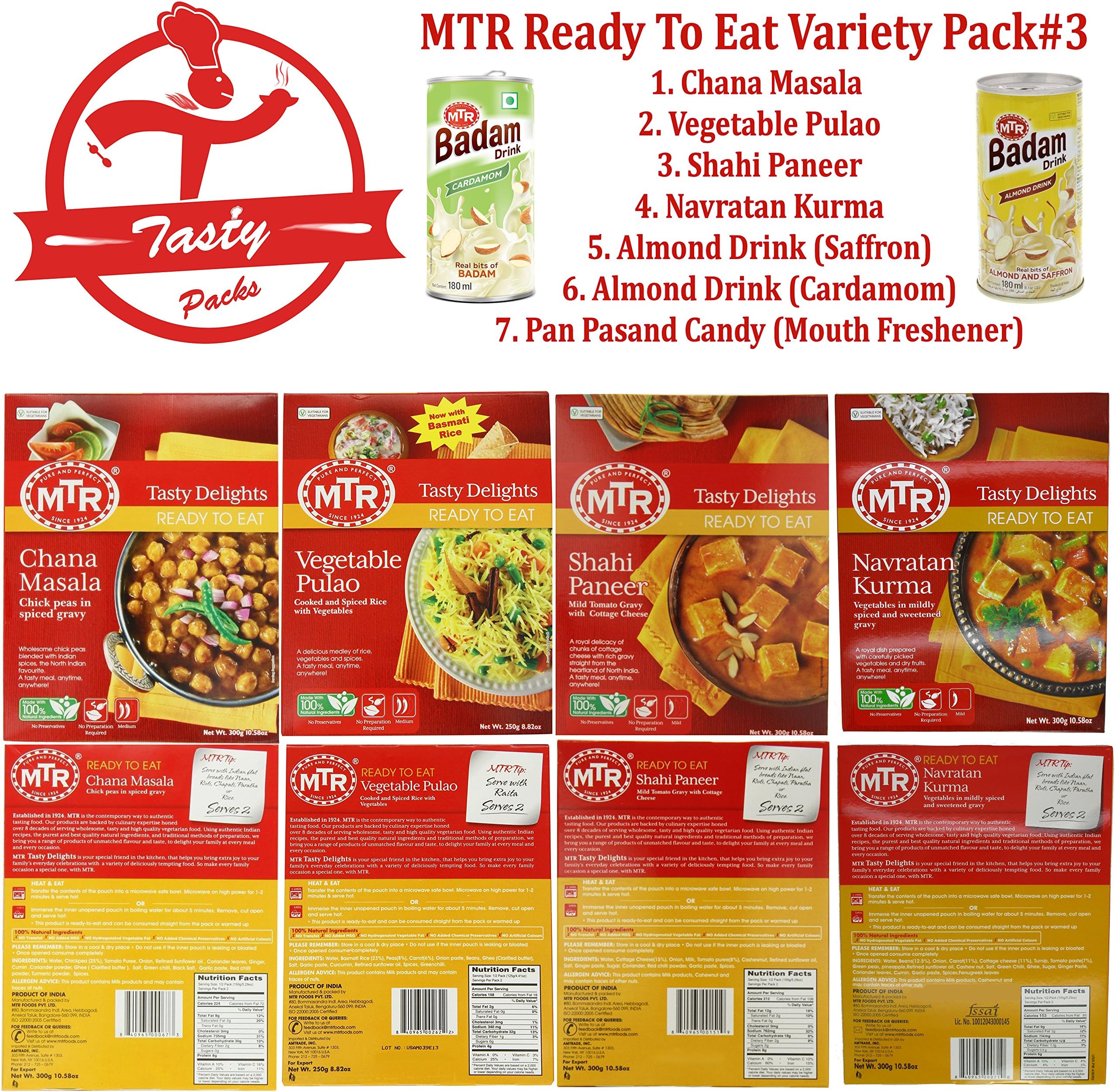 MTR Ready to Eat Tasty Packs #3: 7 Pack: 1: Chana Masala 2: Vegetable Pulao 3: Shahi Paneer 4: Navratan Kurma 5: Almond Drink(Saffron) 6: Almond Drink(Cardamom) 7: Pan Pasand Candy(Mouth Freshener)
