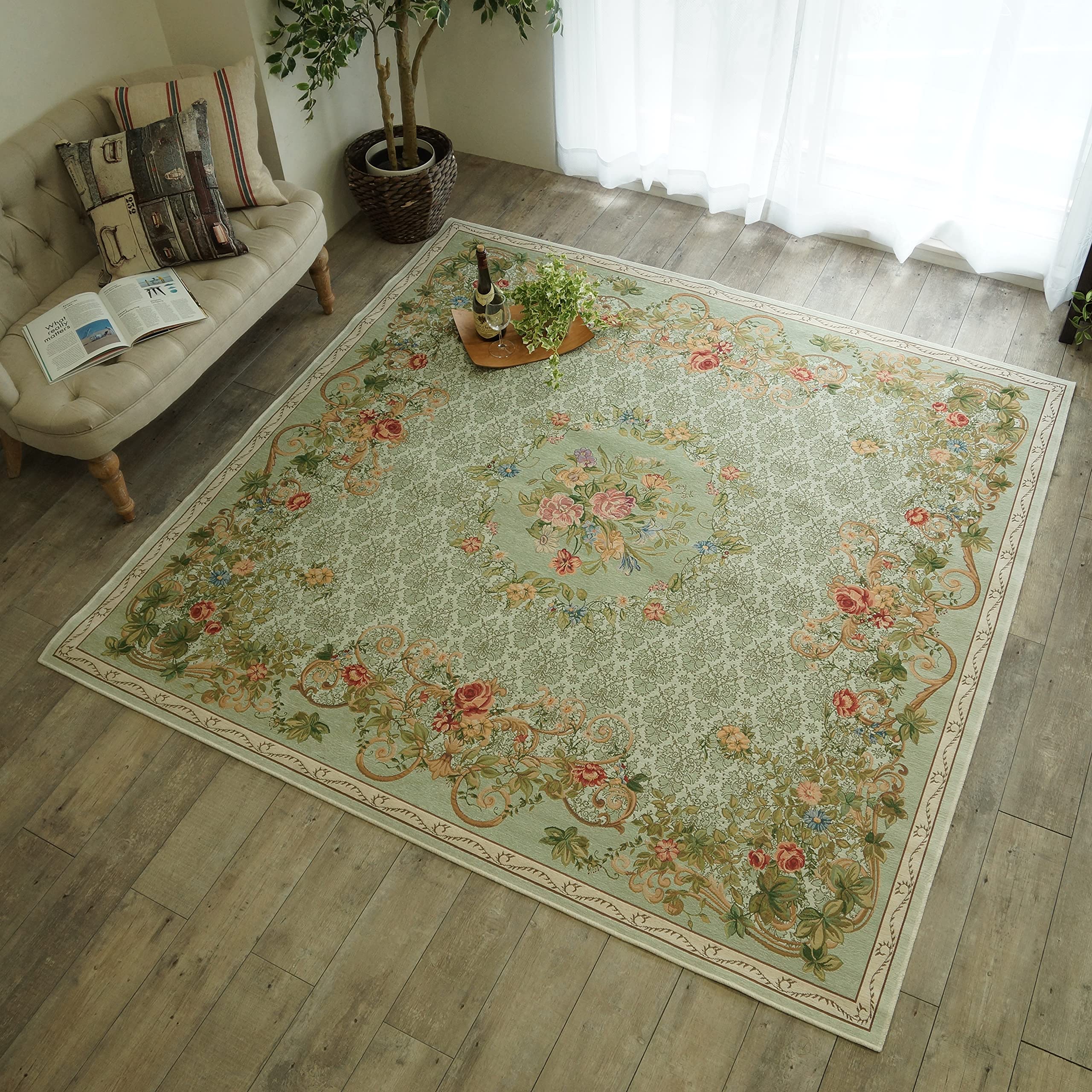 ゴブラン織り ラグ 2畳 200×200cm （パレス）グリーンアンティーク柄