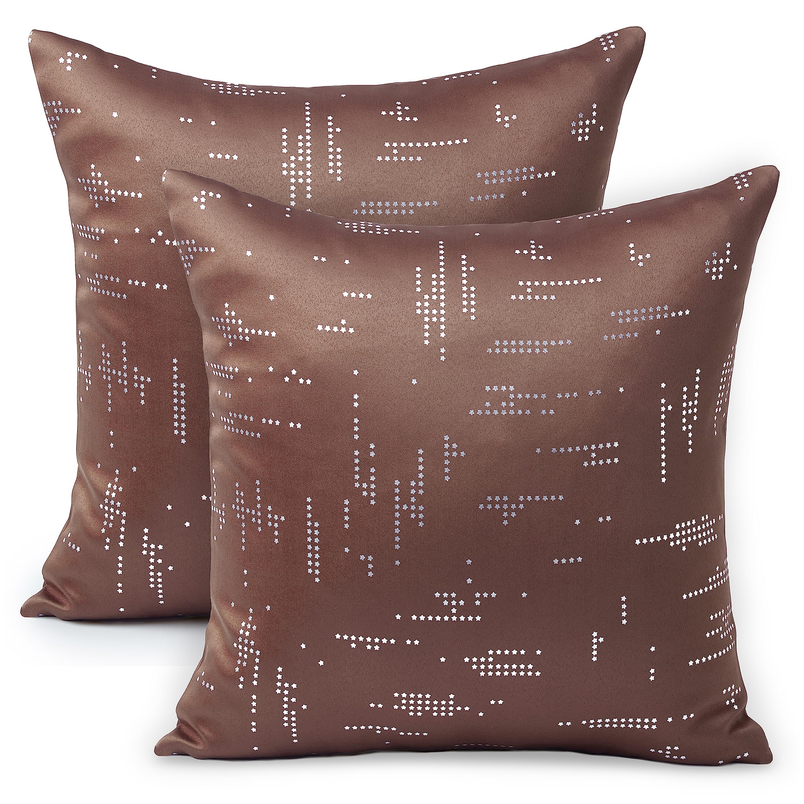 Encasa Homes Cushion Covers (40x40 cm, 2pc Set) I Citylight Tan I Silver Foil Print on Heavy Soft Satin I Machine Washable I Many Sizes & Colors