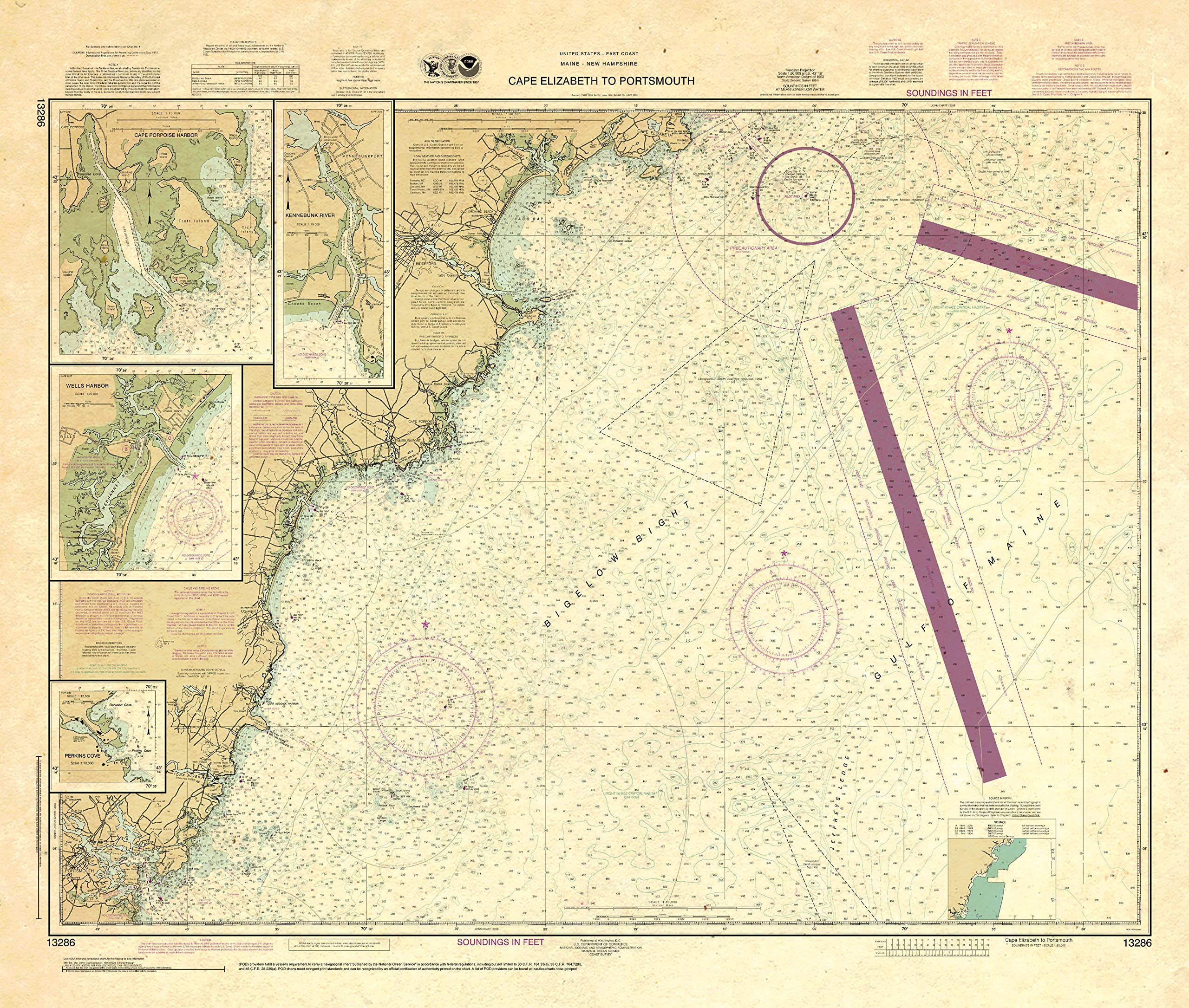 Paradise Cay Publications, Inc. Antiqued NOAA Chart 13286: Cape Elizabeth to Portsmouth; Cape Porpoise Harbor
