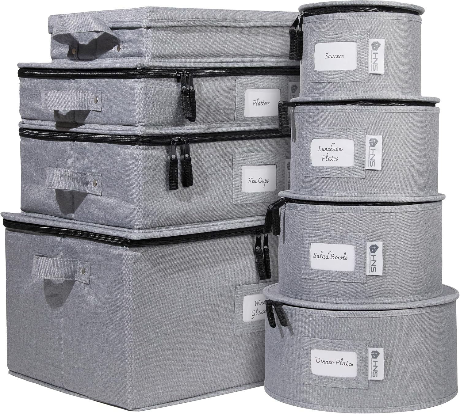 (Incomplete)Hard Shell China Storage Containers 8-Piece Set Moving Boxes for Dinnerware, Glasses, Plates, Mugs and Saucers Sturdy Dish Organizer with Dividers for Seasonal Storage - Service for 12 - Gray 8 Pack China Storage Containers Gray