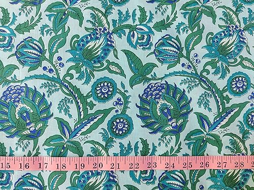 Miniatura 2 de Craftbot Tela estampada a mano por The Yard - PRECUT de 3 yardas de ancho - Material 100% algodón - Patrón floral verde - Tela india ligera para