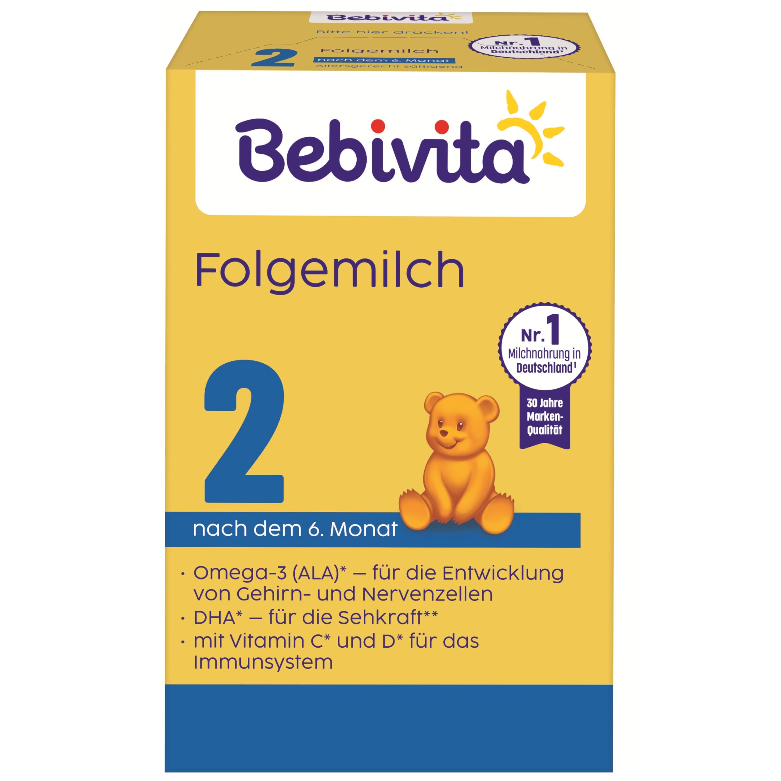 Bebivita 2 Folgemilch (4 x 500g), nach dem 6. Monat, mit Vitamin C und D, Omega-3 (DHA), altersgerecht sättigend