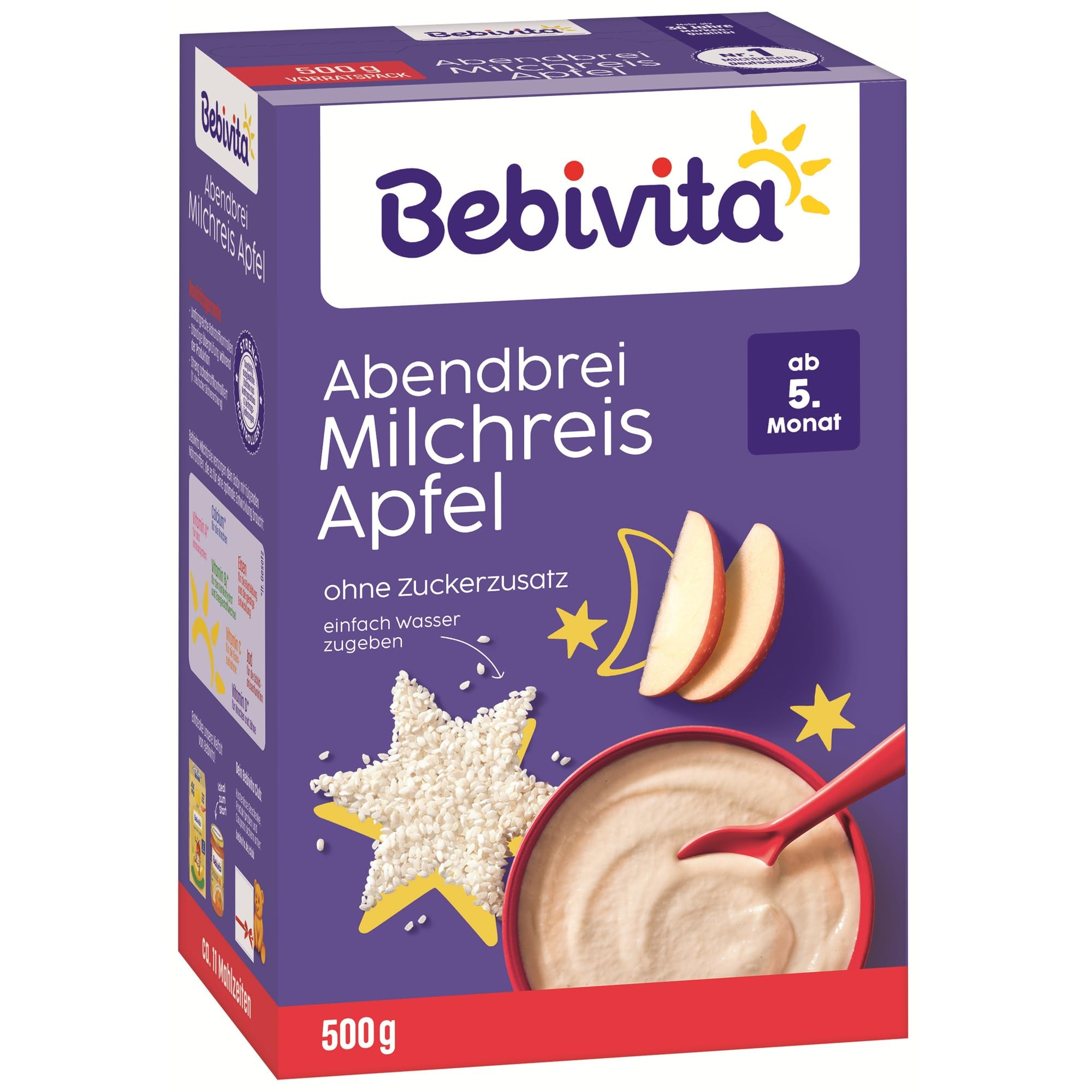 Bebivita Abendbrei Milchreis mit Apfel (4x500g), Milchbrei ab 5. Monat, mit wertvollen Mineralstoffen und Vitaminen, ohne Zuckerzusatz, gut sättigend