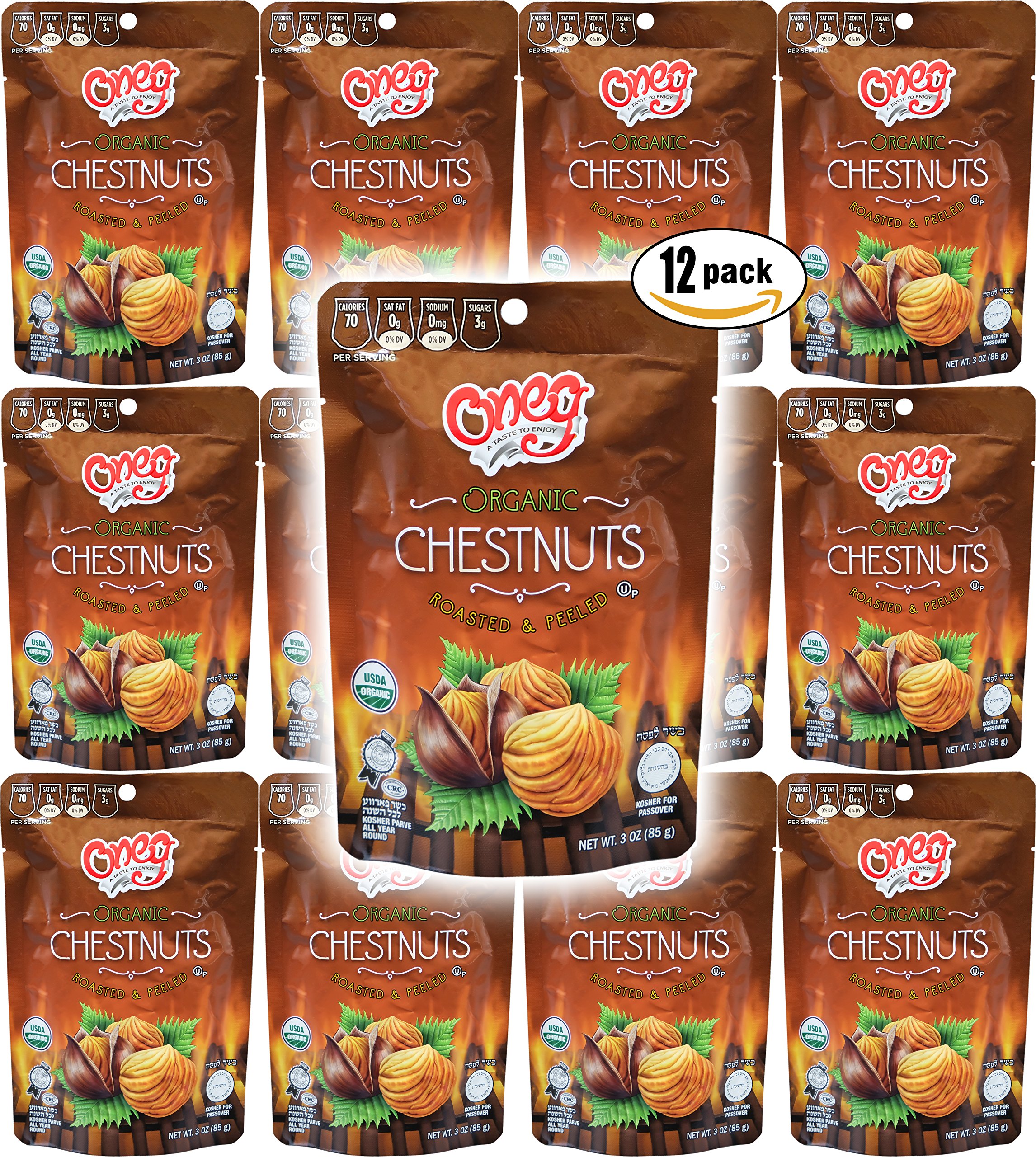 Organic Whole Chestnut- Roasted and Peeled Chestnuts- Kosher for Passover - 3 Oz Bag (12-Pack, Total of 36 Oz)