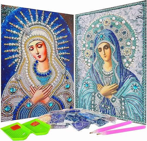 Paquete de 2 kits de pintura de diamantes 5D virgen María, diamantes de imitación de resina de resina para decoración de pared, lienzo de 12 x 16
