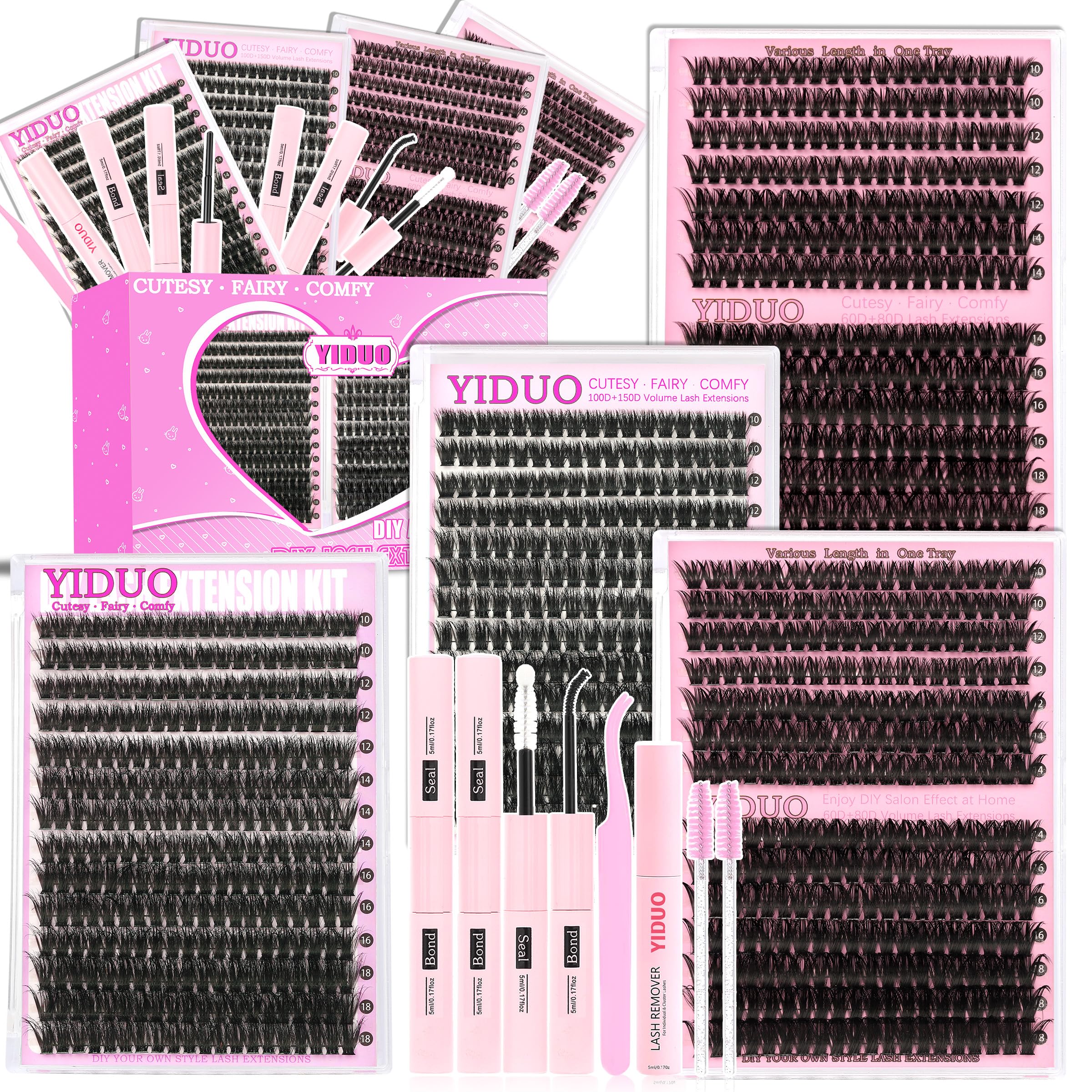 4 Styles Lash Clusters Kit 60D 80D 100D 150D Volume Clusters Lashes Extensions Kit with 2 Bond and